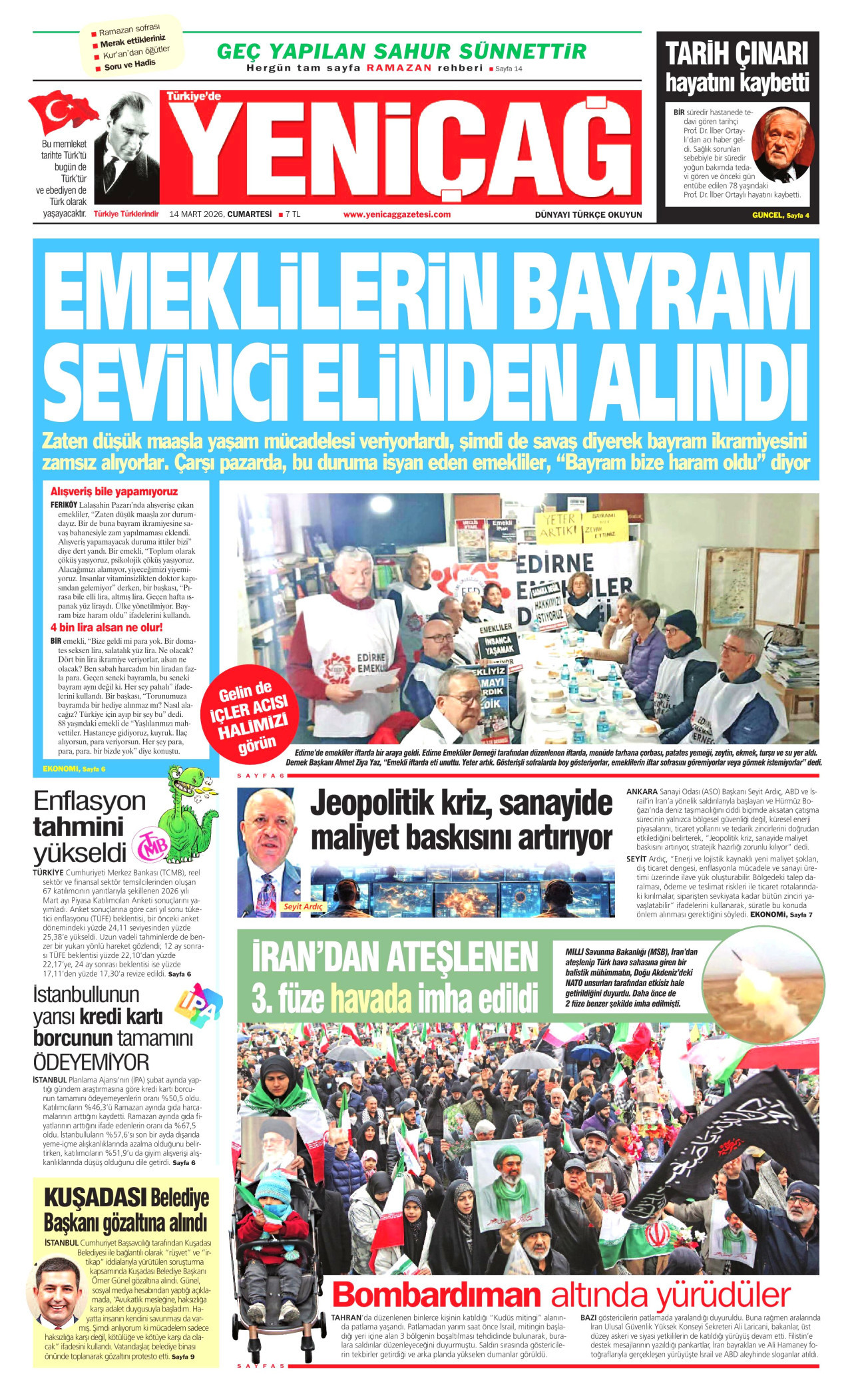 YENİÇAĞ gazetesinin 14 Mart 2026 tarihli birinci sayfası