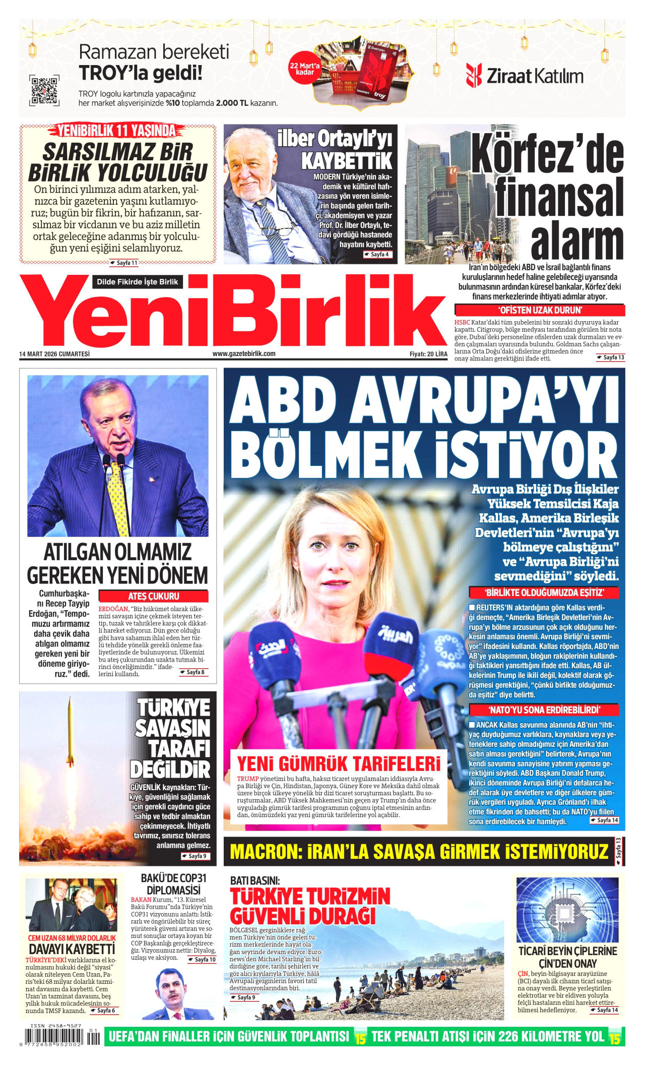 YENİBİRLİK gazetesinin 14 Mart 2026 tarihli birinci sayfası