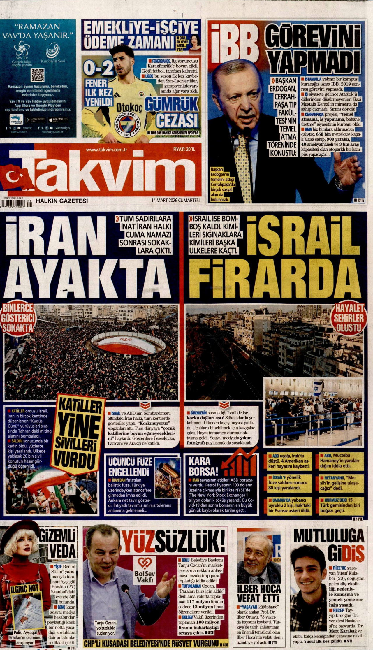 TAKVİM gazetesinin 14 Mart 2026 tarihli birinci sayfası