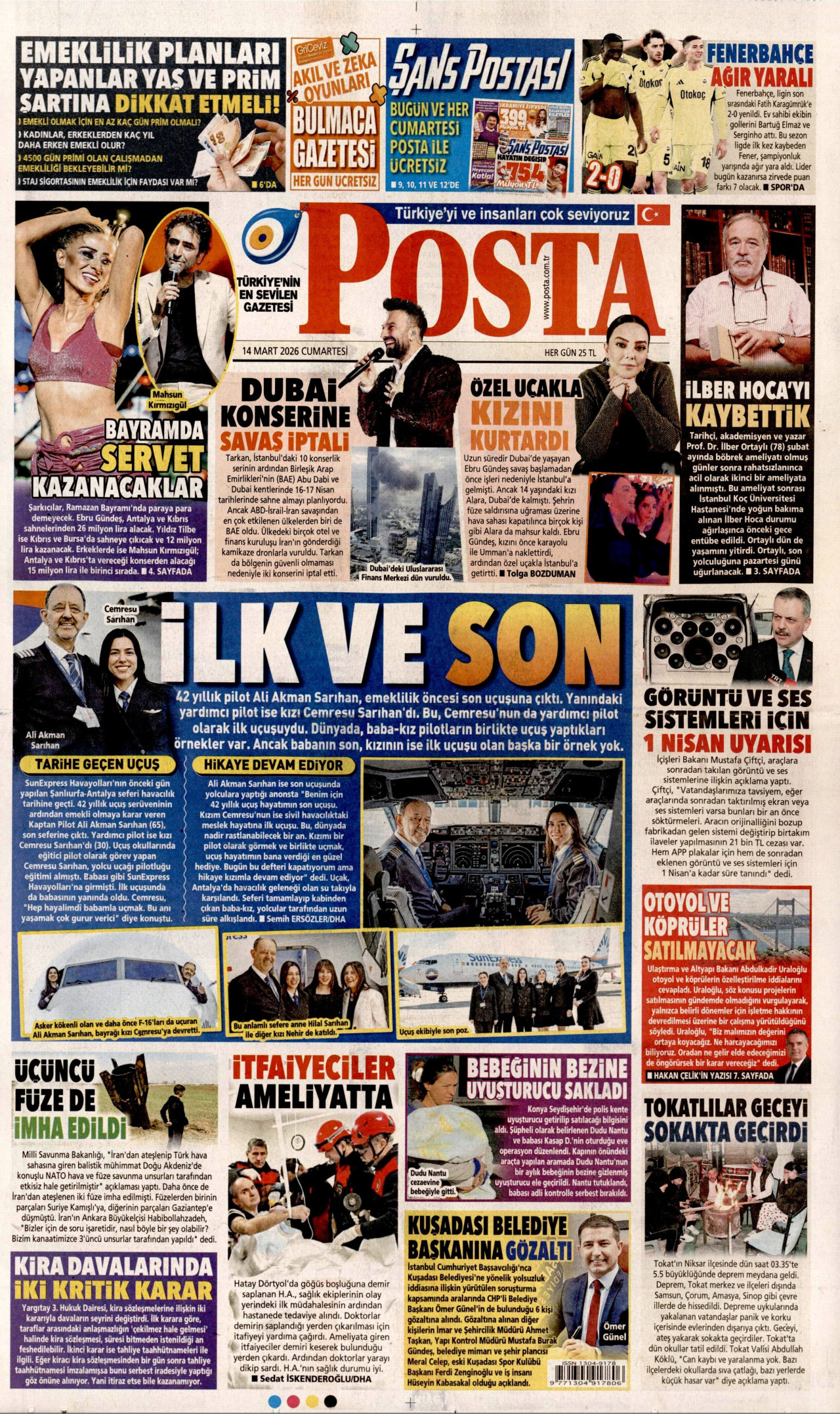 POSTA gazetesinin 14 Mart 2026 tarihli birinci sayfası