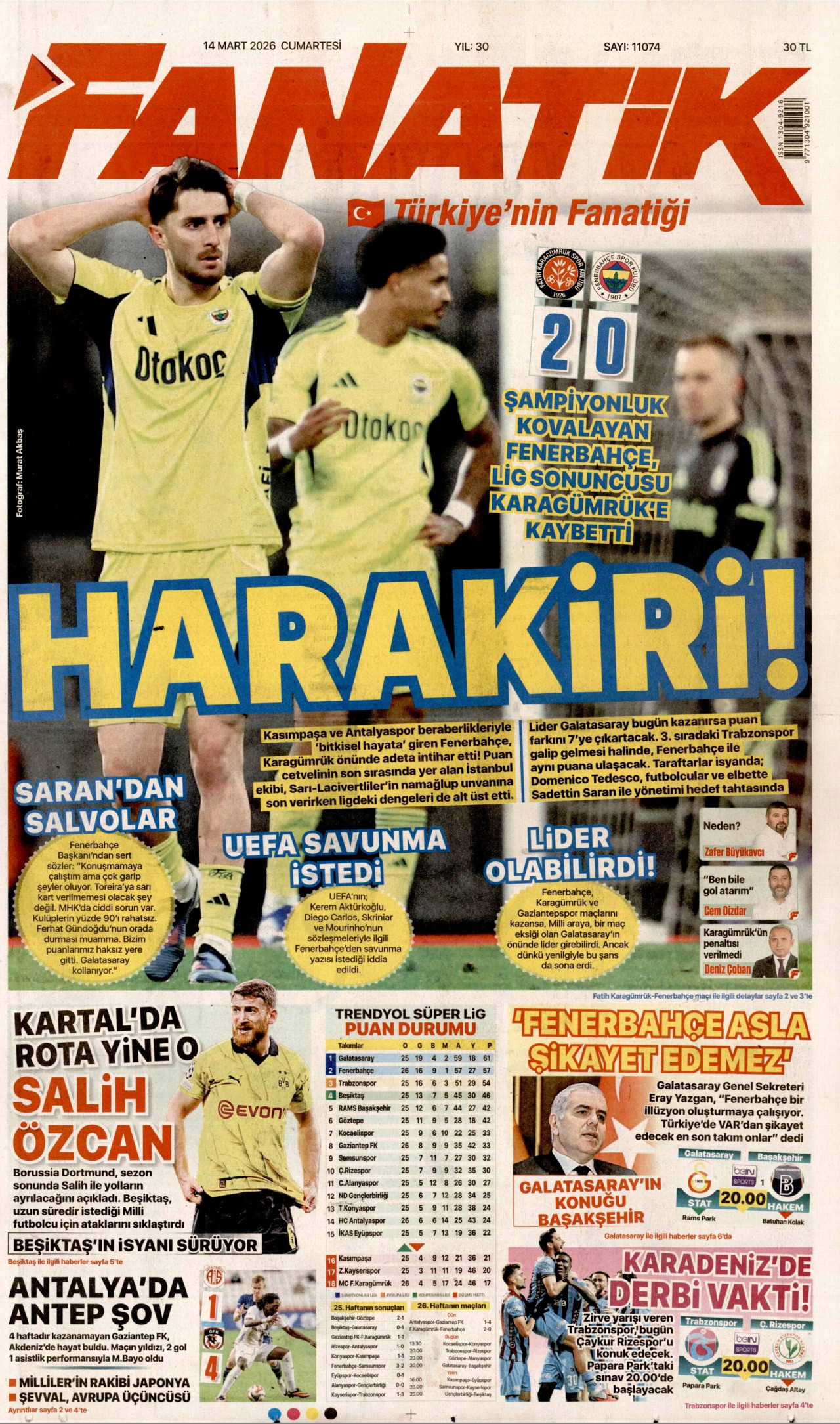 FANATİK gazetesinin 14 Mart 2026 tarihli birinci sayfası