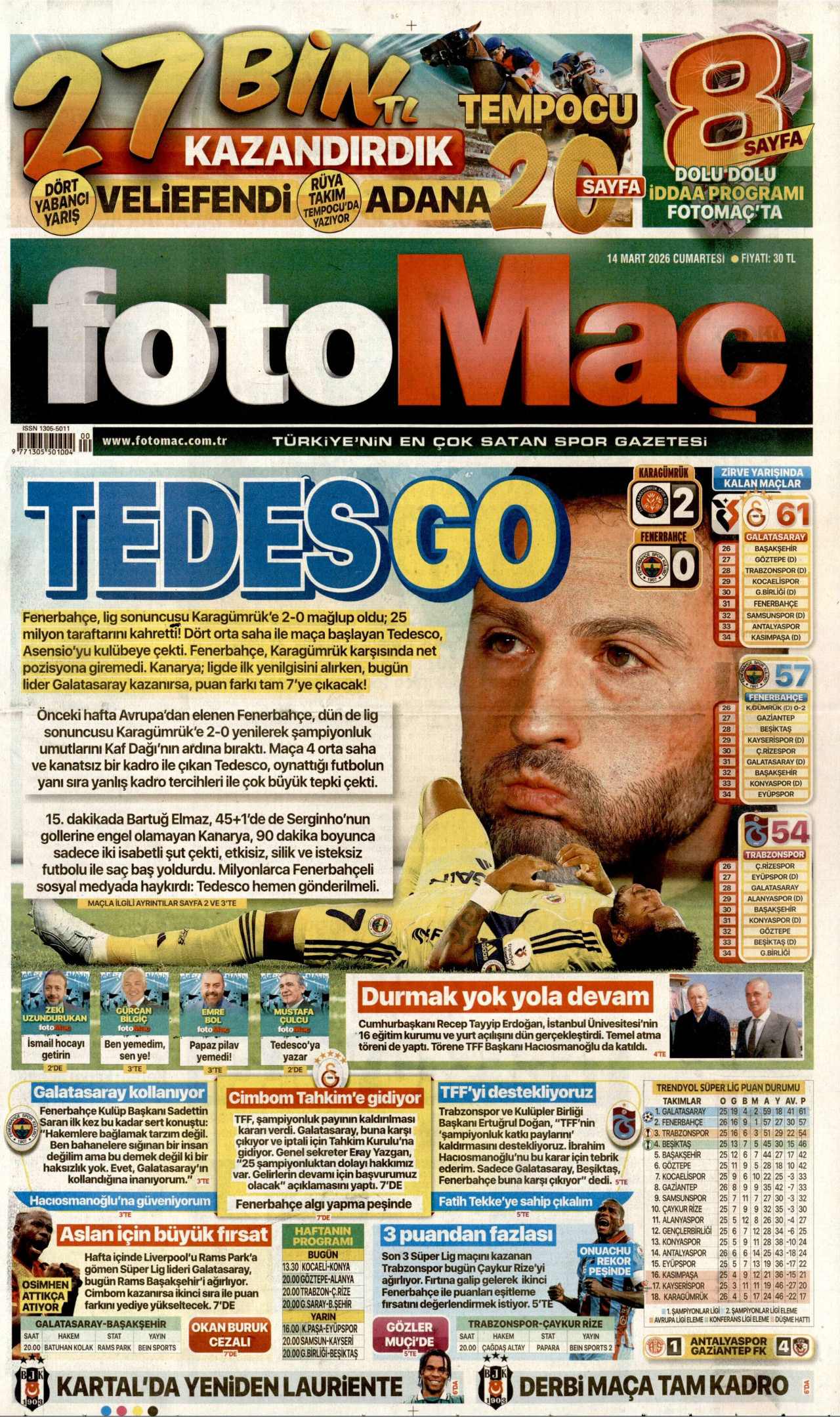 FOTOMAÇ gazetesinin 14 Mart 2026 tarihli birinci sayfası