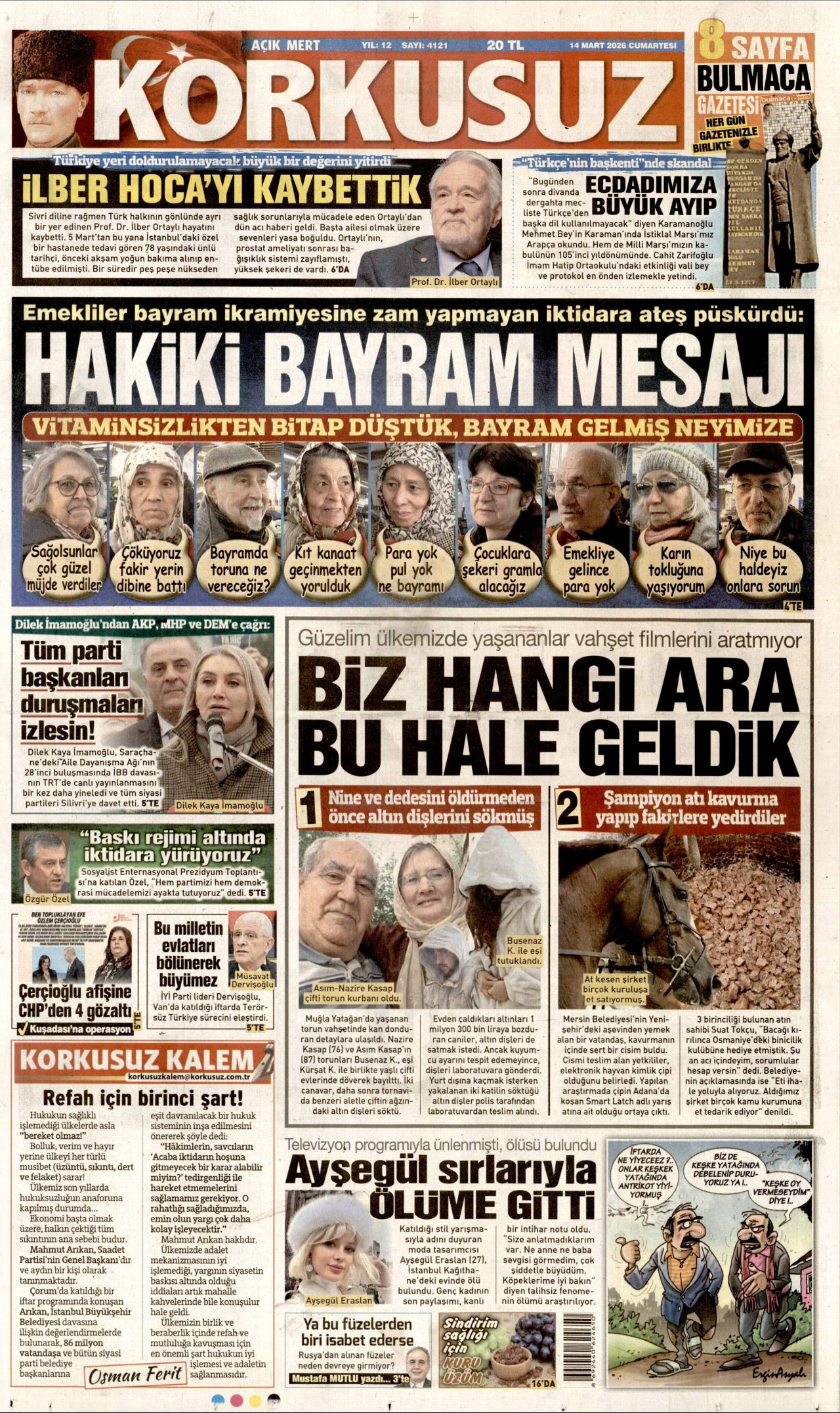 KORKUSUZ gazetesinin 14 Mart 2026 tarihli birinci sayfası