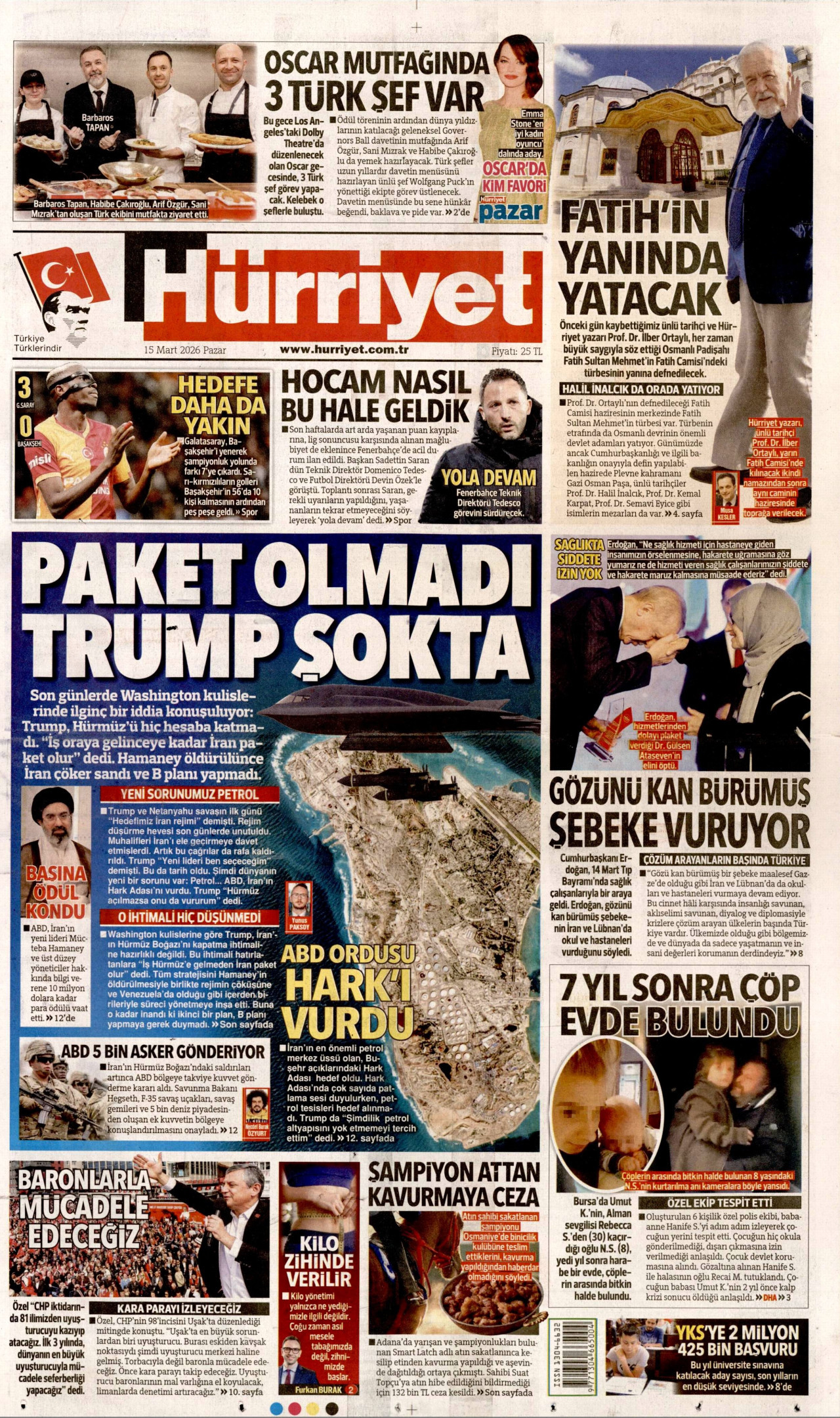 HÜRRİYET gazetesinin 15 Mart 2026 tarihli birinci sayfası