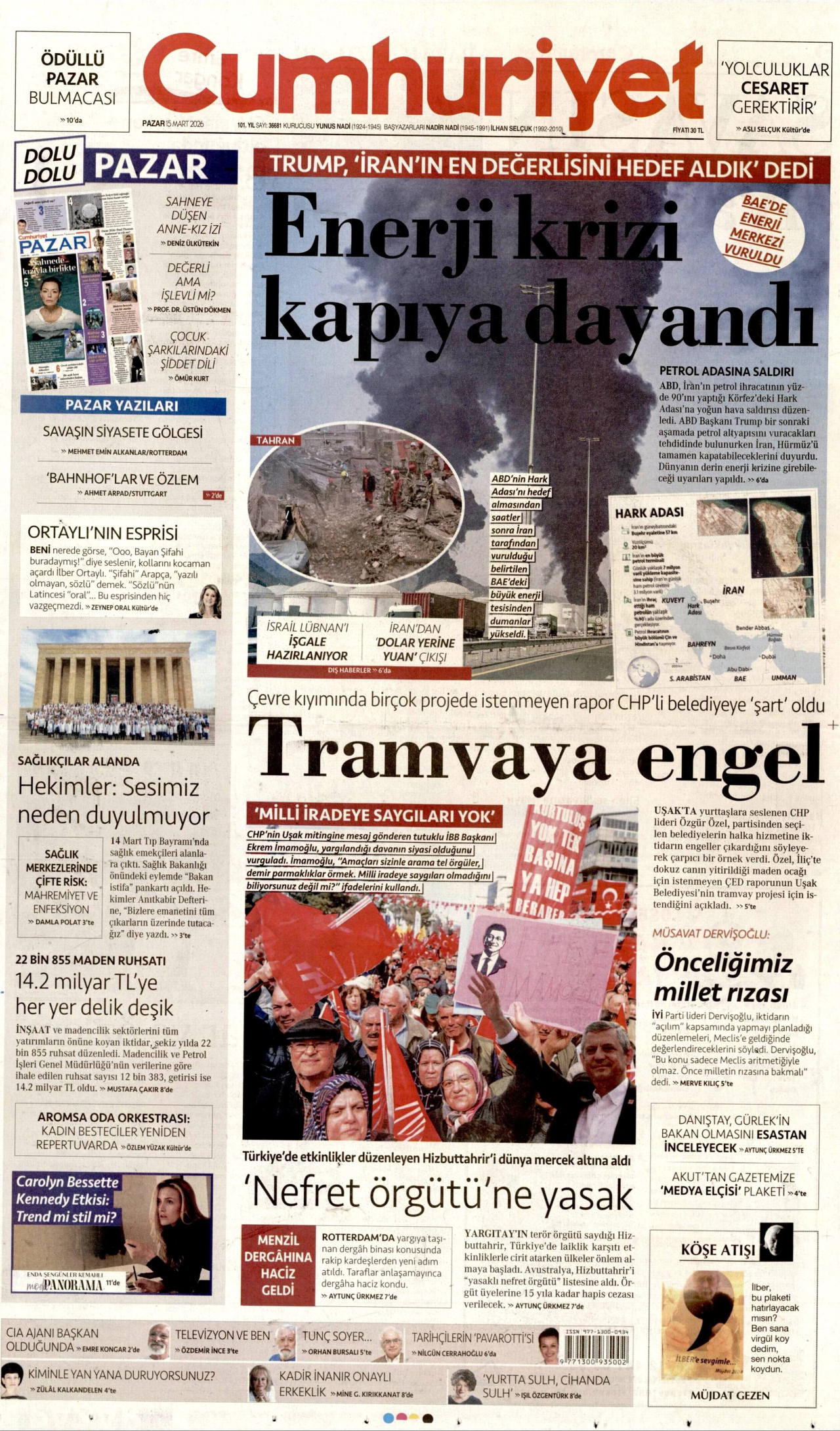 CUMHURİYET gazetesinin 15 Mart 2026 tarihli birinci sayfası