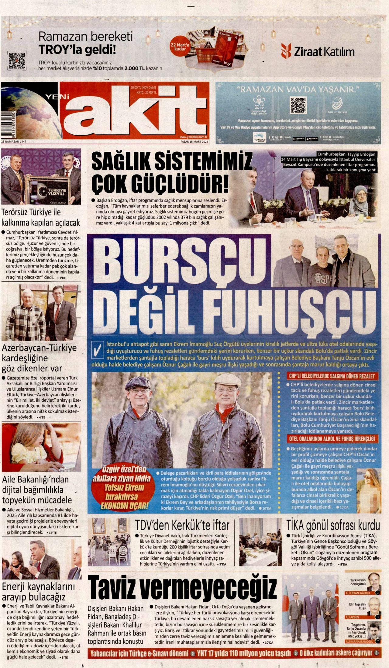 YENİ AKİT gazetesinin 15 Mart 2026 tarihli birinci sayfası