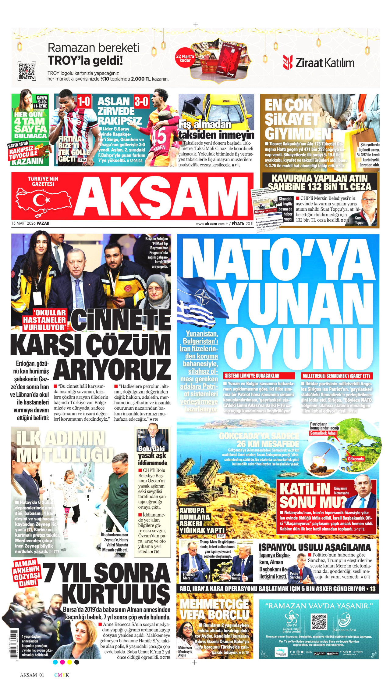 AKŞAM gazetesinin 15 Mart 2026 tarihli birinci sayfası