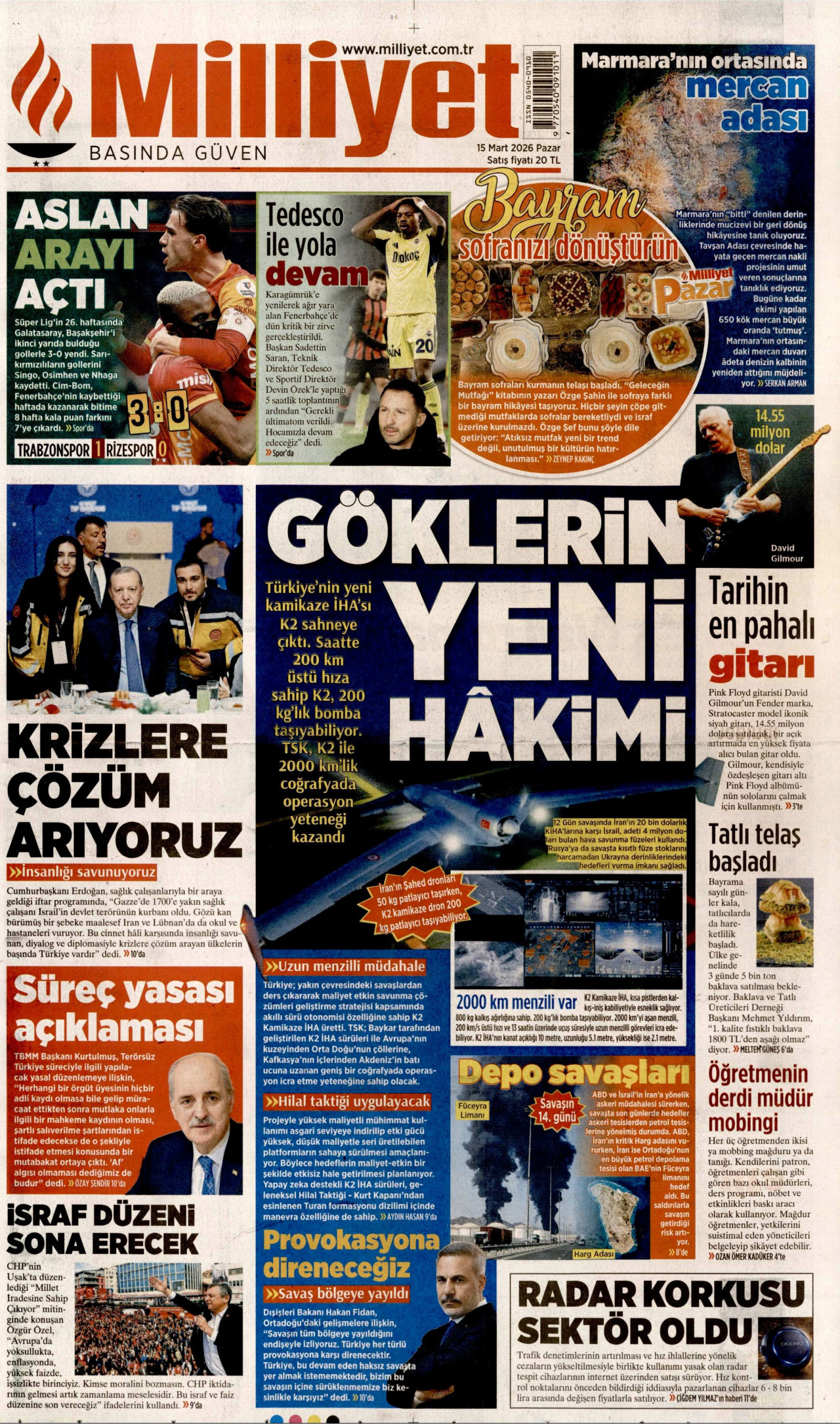 MİLLİYET gazetesinin 15 Mart 2026 tarihli birinci sayfası