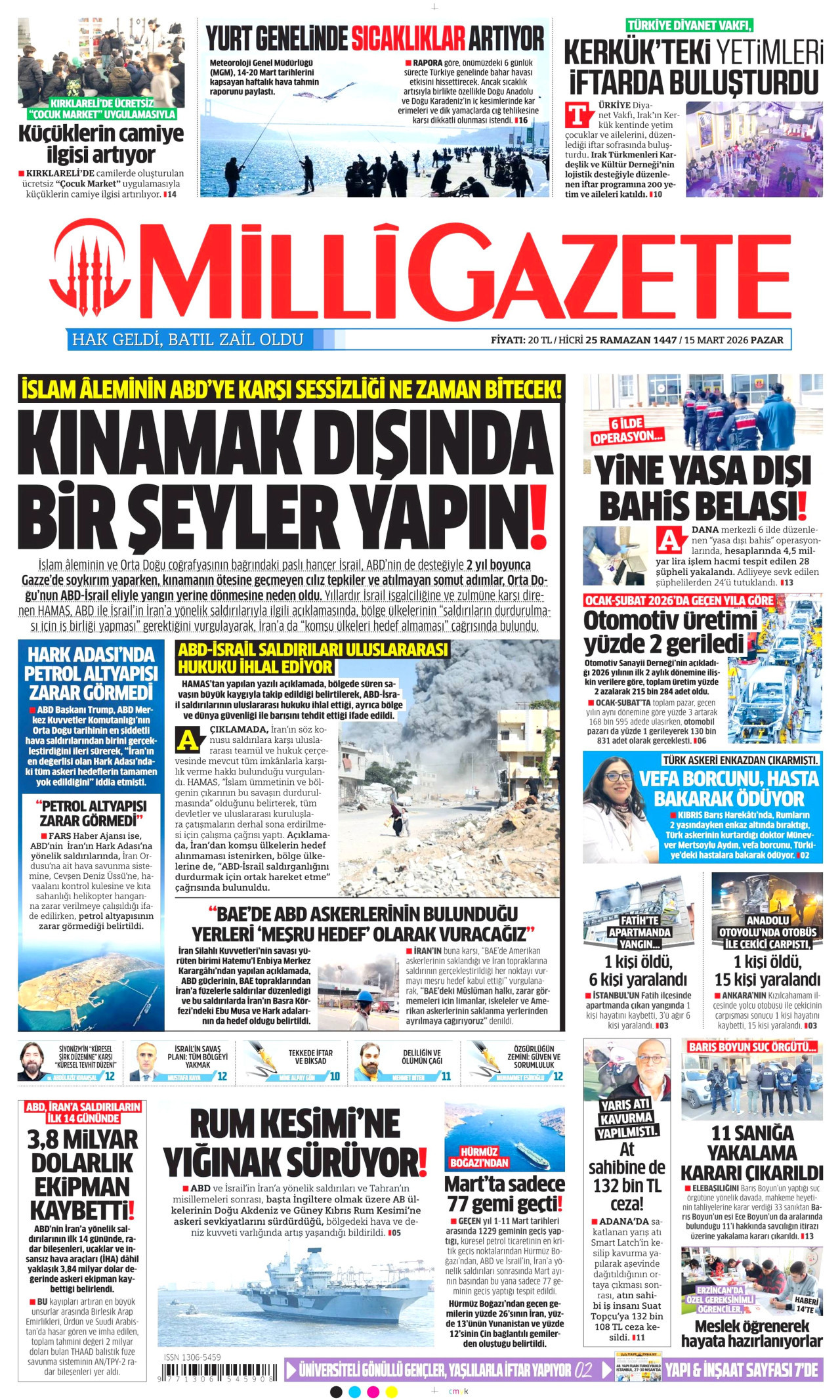 MİLLİ GAZETE gazetesinin 15 Mart 2026 tarihli birinci sayfası