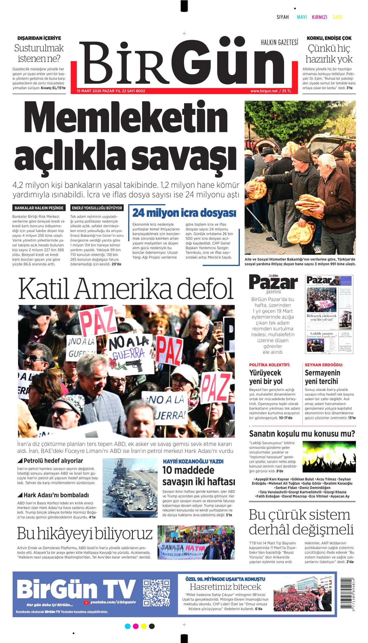 BİRGÜN gazetesinin 15 Mart 2026 tarihli birinci sayfası