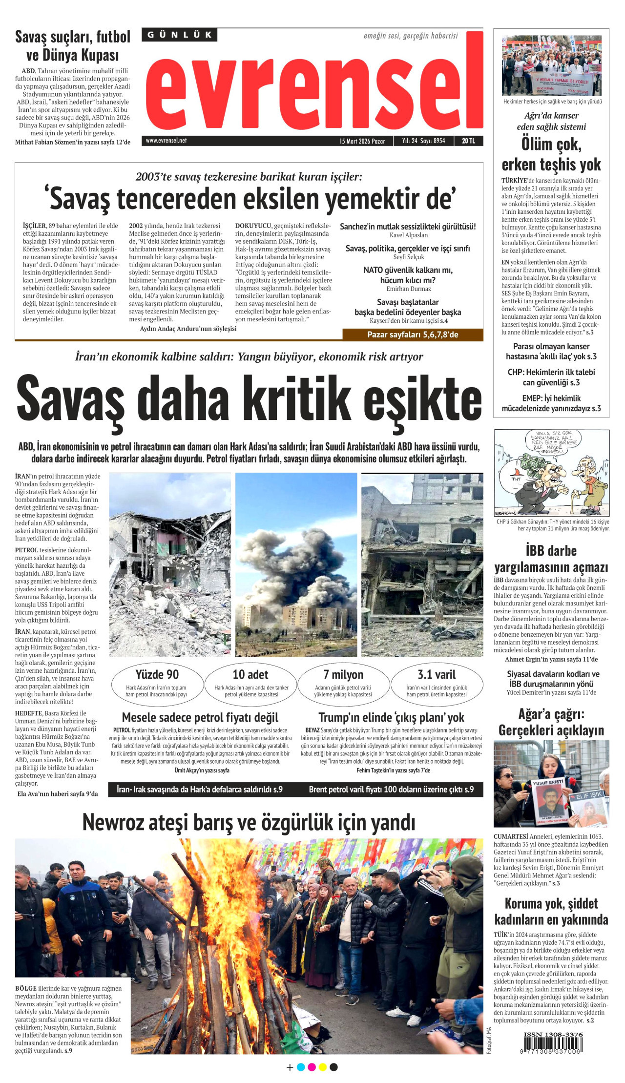 EVRENSEL gazetesinin 15 Mart 2026 tarihli birinci sayfası