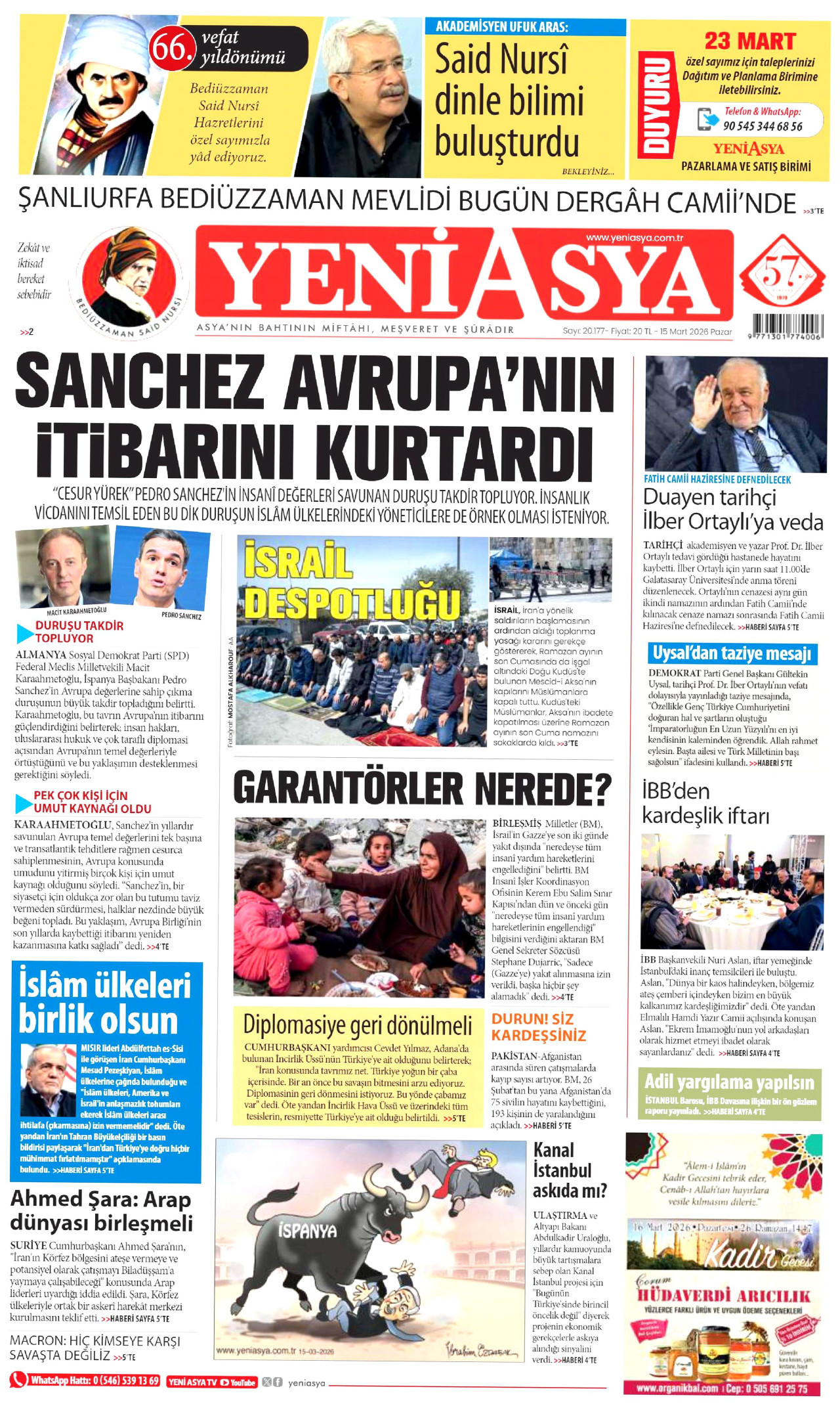 YENİ ASYA gazetesinin 15 Mart 2026 tarihli birinci sayfası