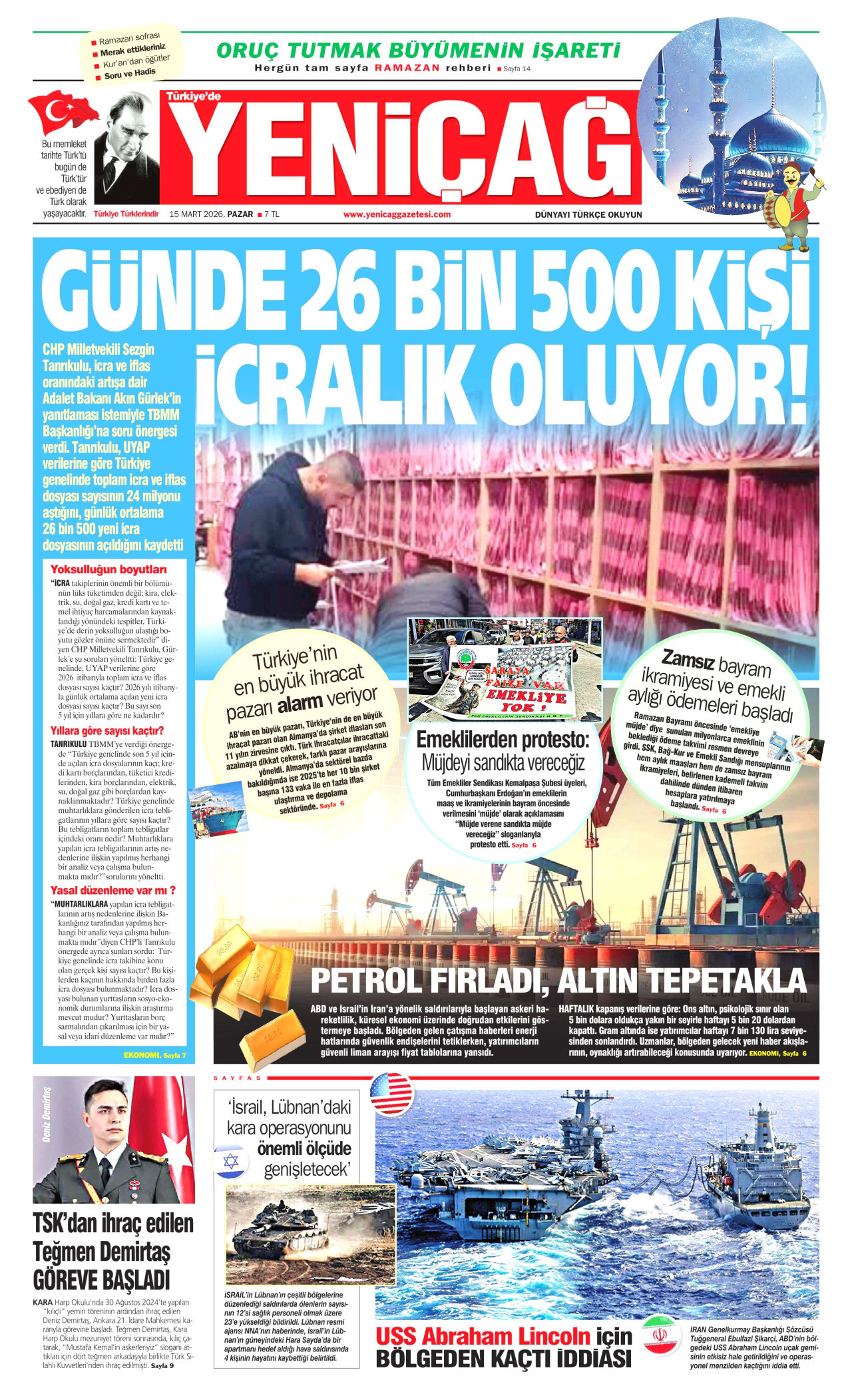 YENİÇAĞ gazetesinin 15 Mart 2026 tarihli birinci sayfası