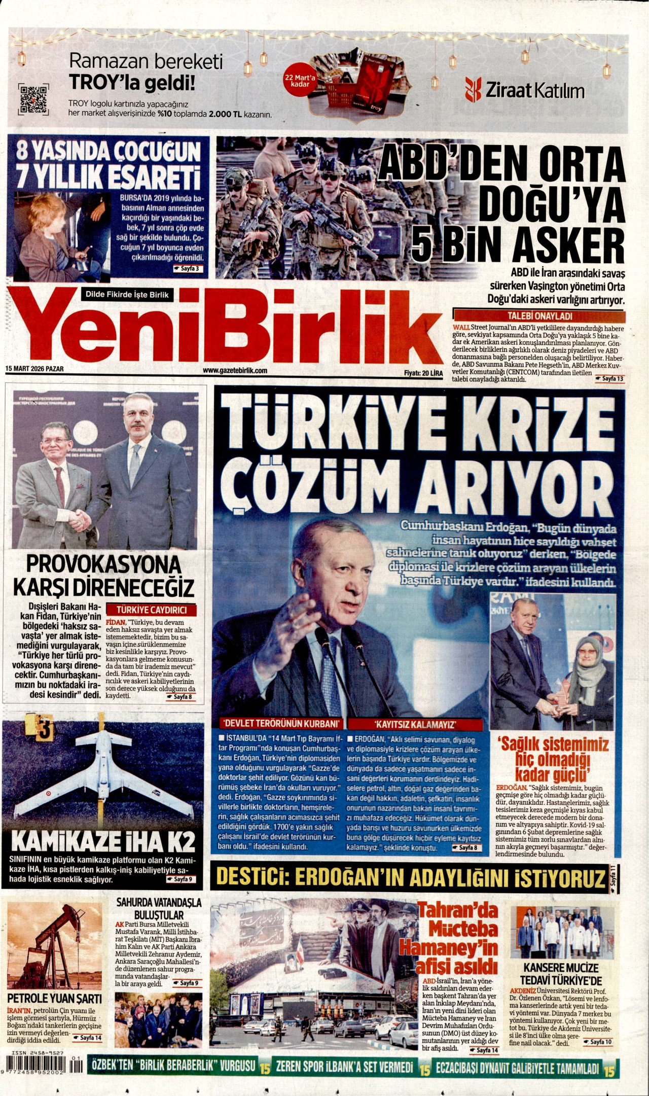 YENİBİRLİK gazetesinin 15 Mart 2026 tarihli birinci sayfası