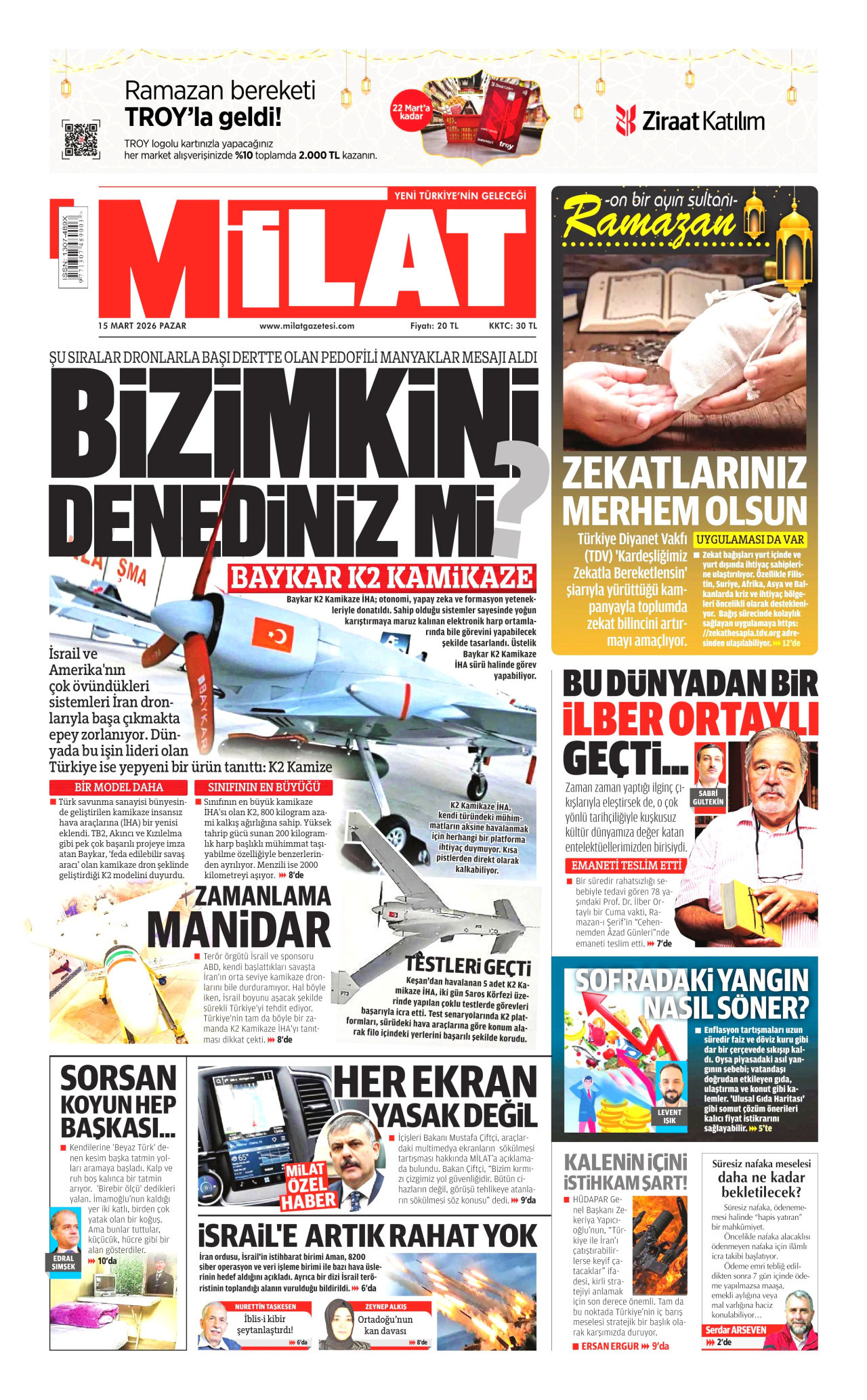 MİLAT gazetesinin 15 Mart 2026 tarihli birinci sayfası
