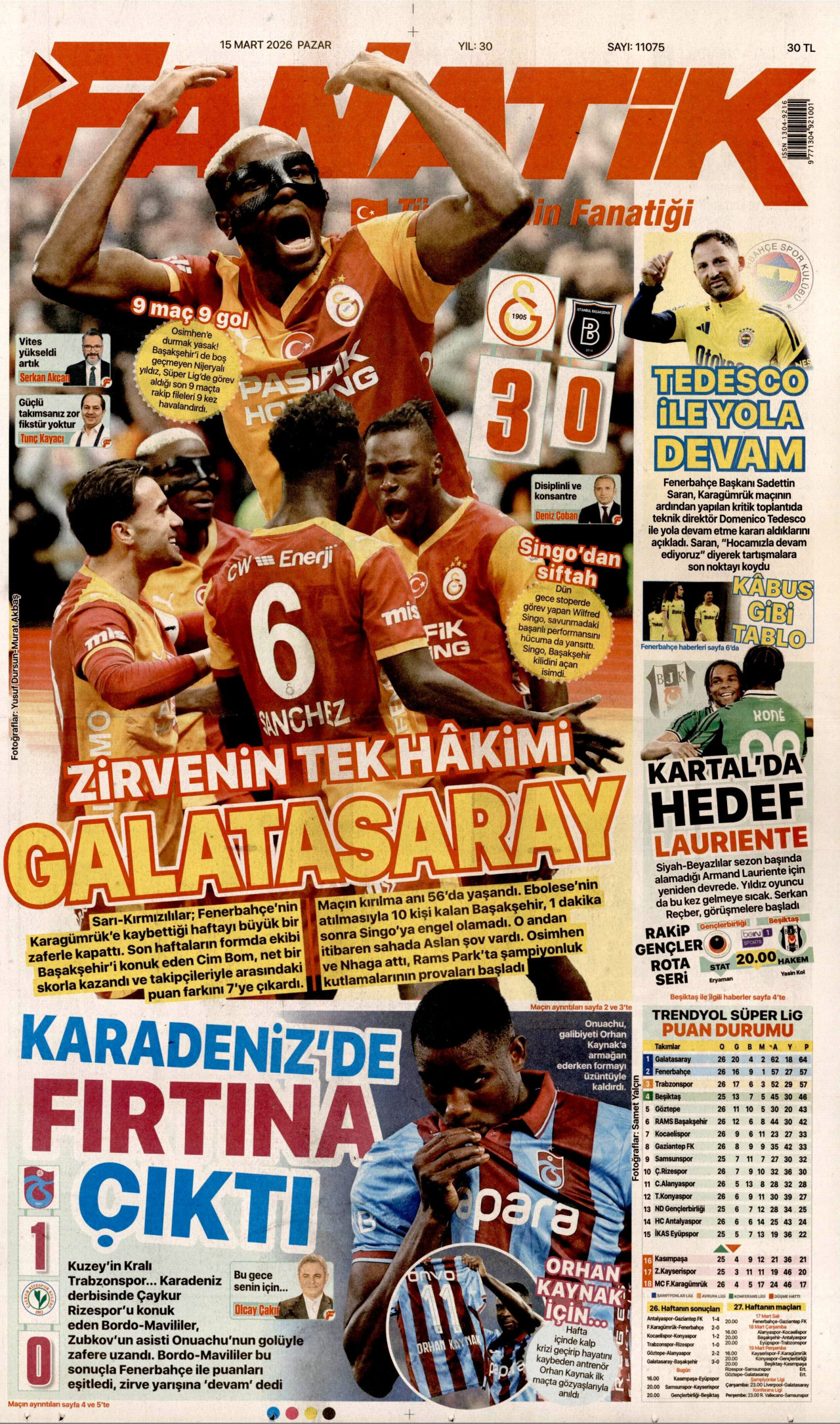 FANATİK gazetesinin 15 Mart 2026 tarihli birinci sayfası