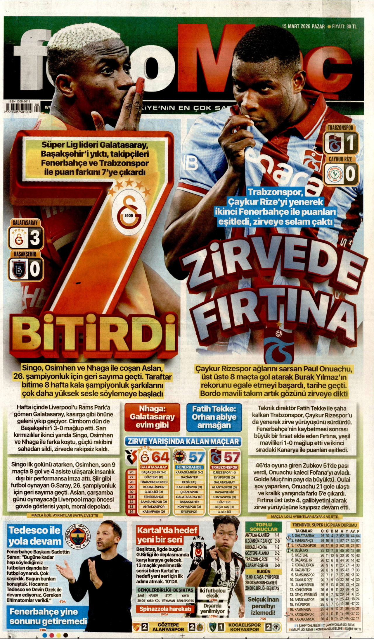 FOTOMAÇ gazetesinin 15 Mart 2026 tarihli birinci sayfası