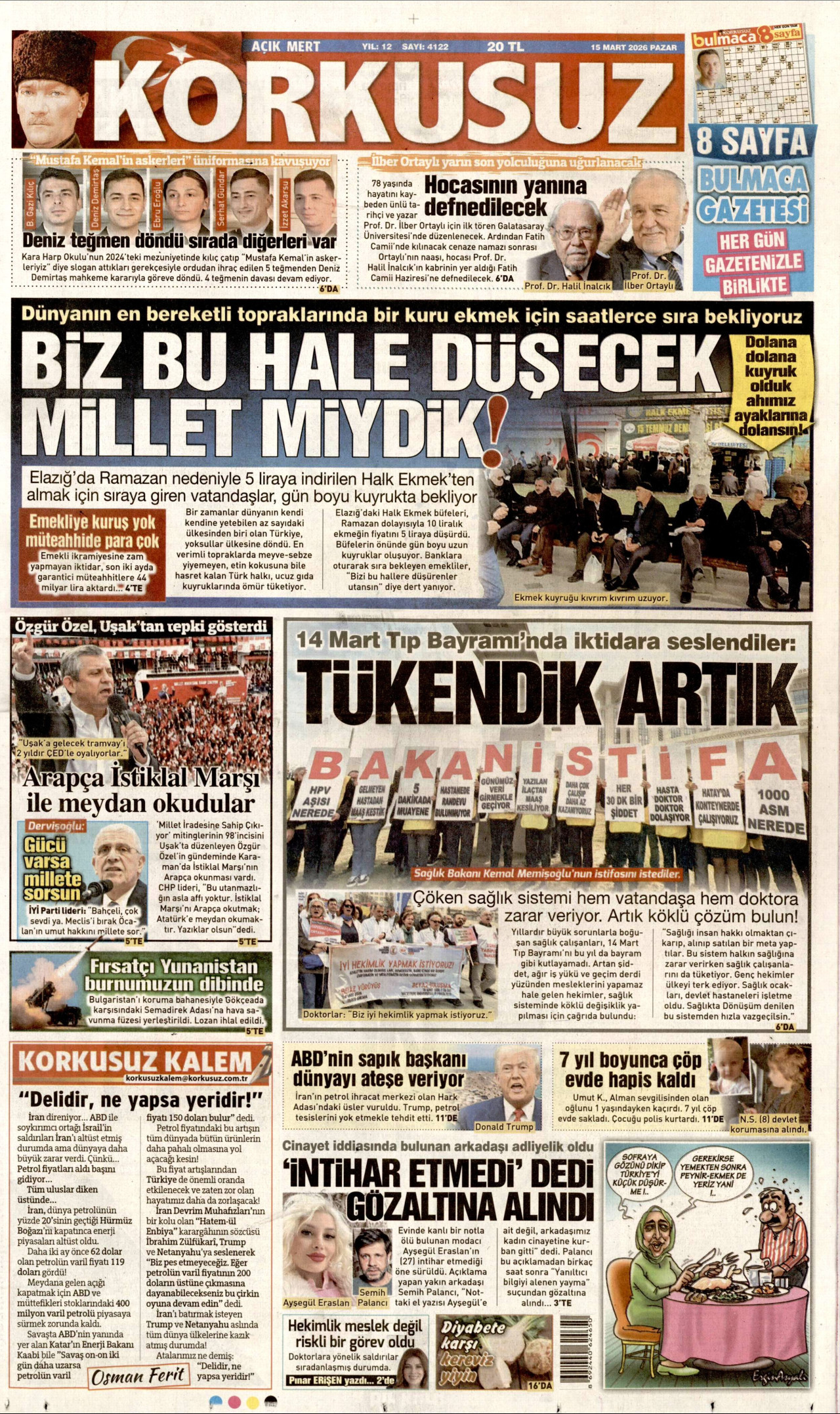 KORKUSUZ gazetesinin 15 Mart 2026 tarihli birinci sayfası