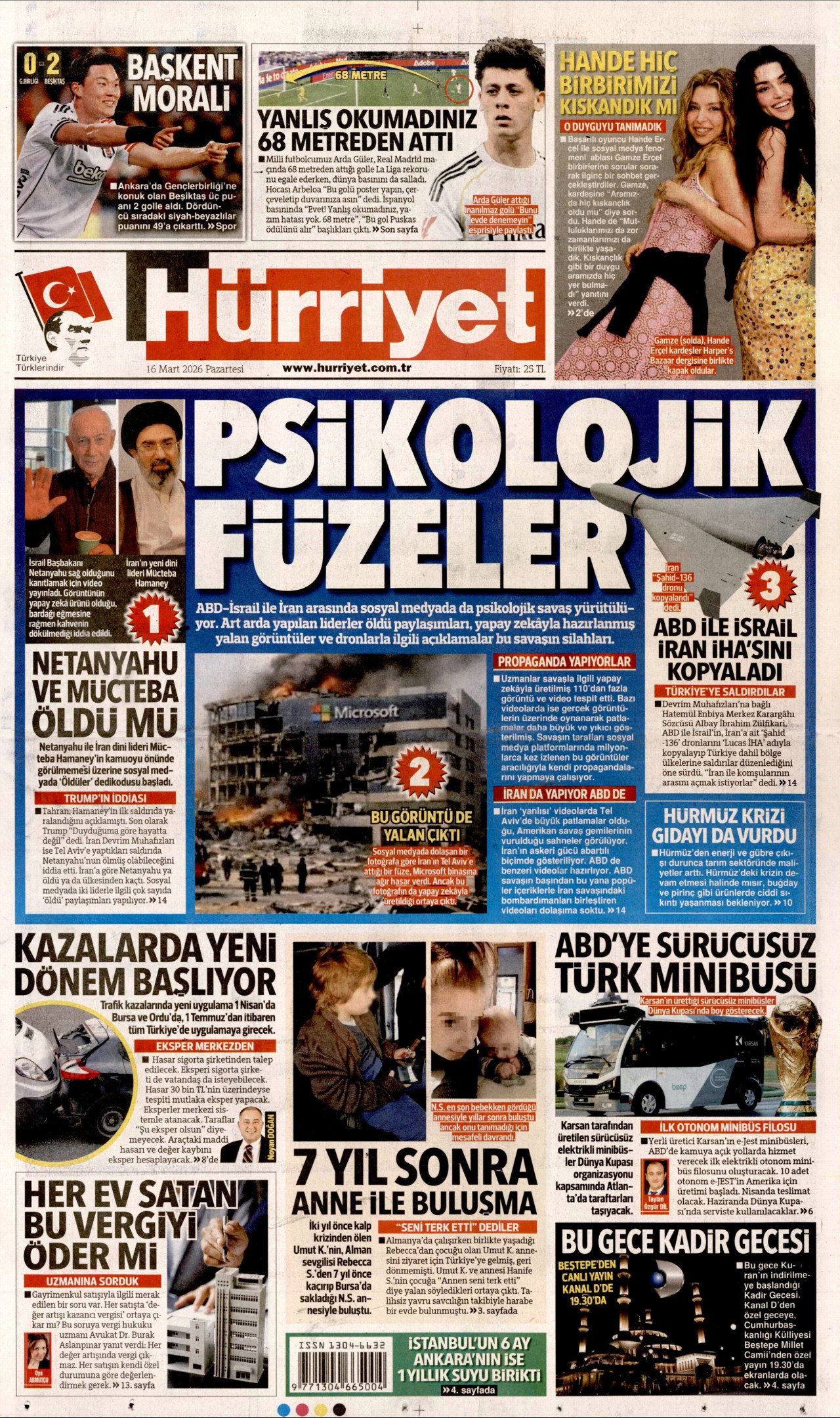 HÜRRİYET gazetesinin 16 Mart 2026 tarihli birinci sayfası