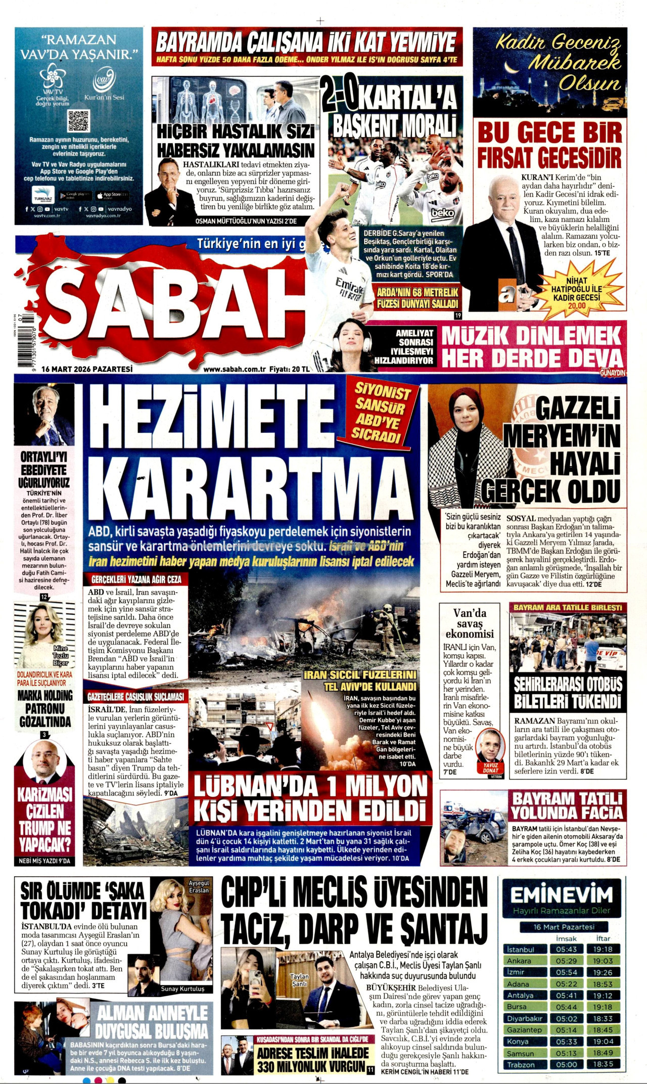 SABAH gazetesinin 16 Mart 2026 tarihli birinci sayfası