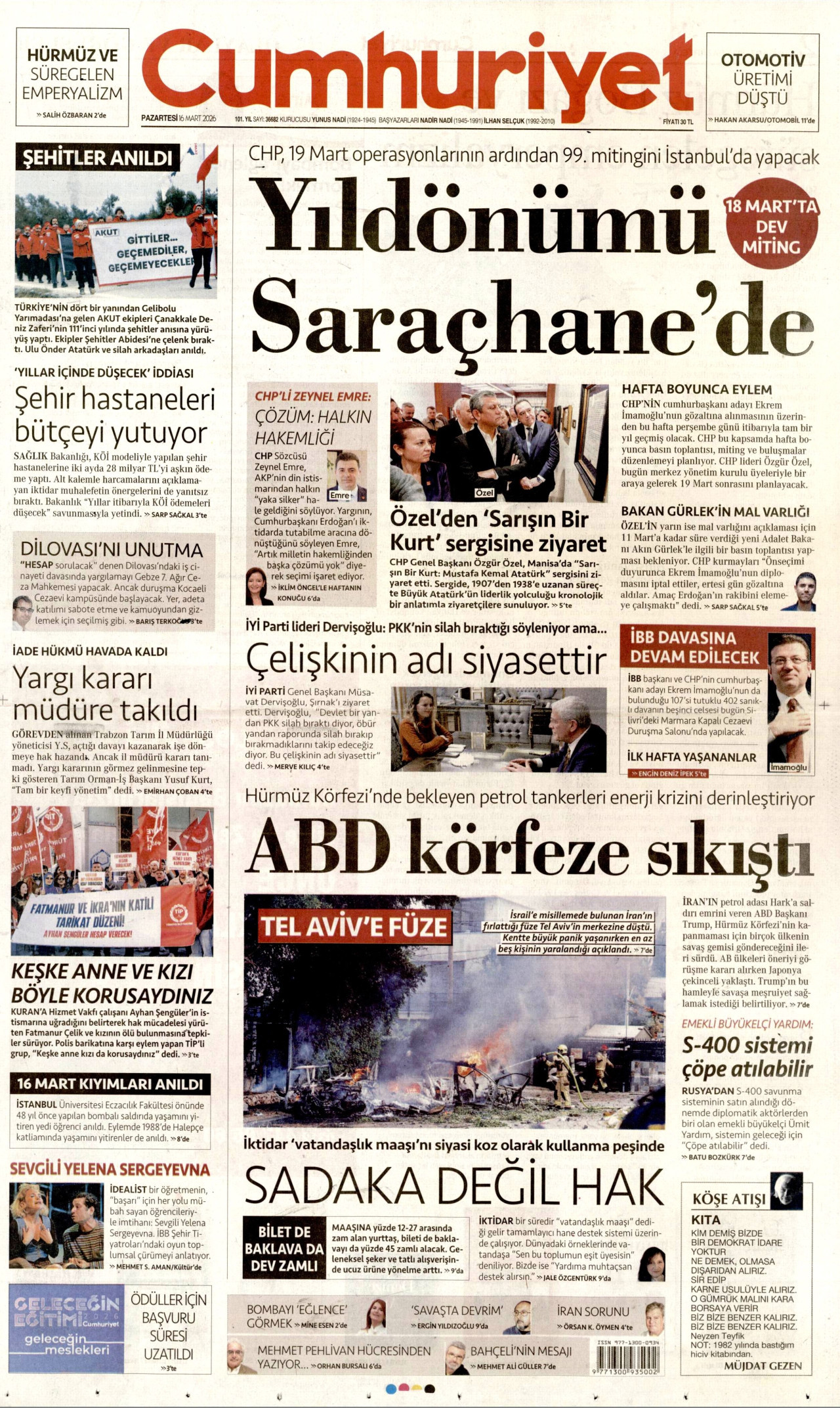 CUMHURİYET gazetesinin 16 Mart 2026 tarihli birinci sayfası