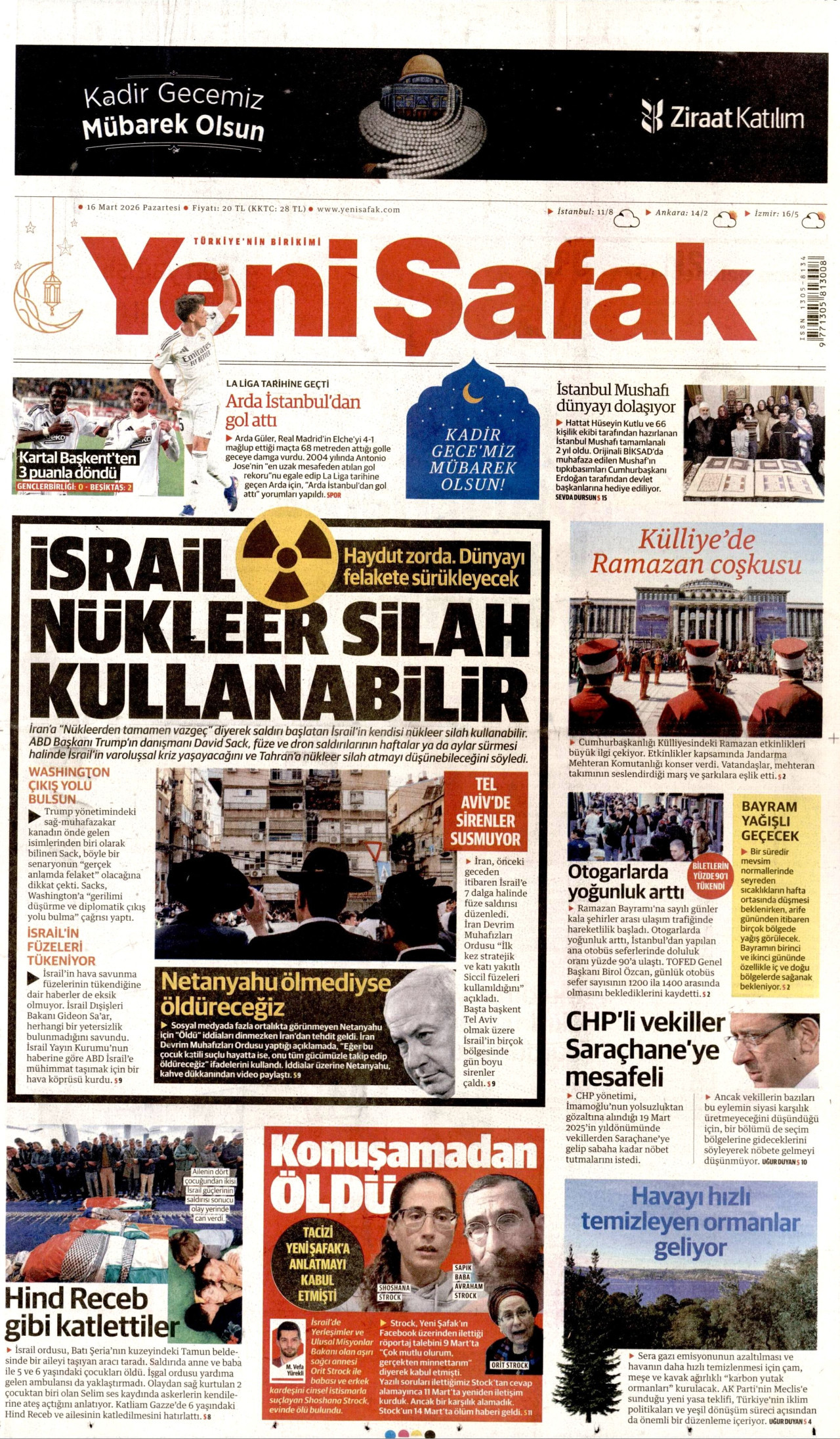 YENİ ŞAFAK gazetesinin 16 Mart 2026 tarihli birinci sayfası