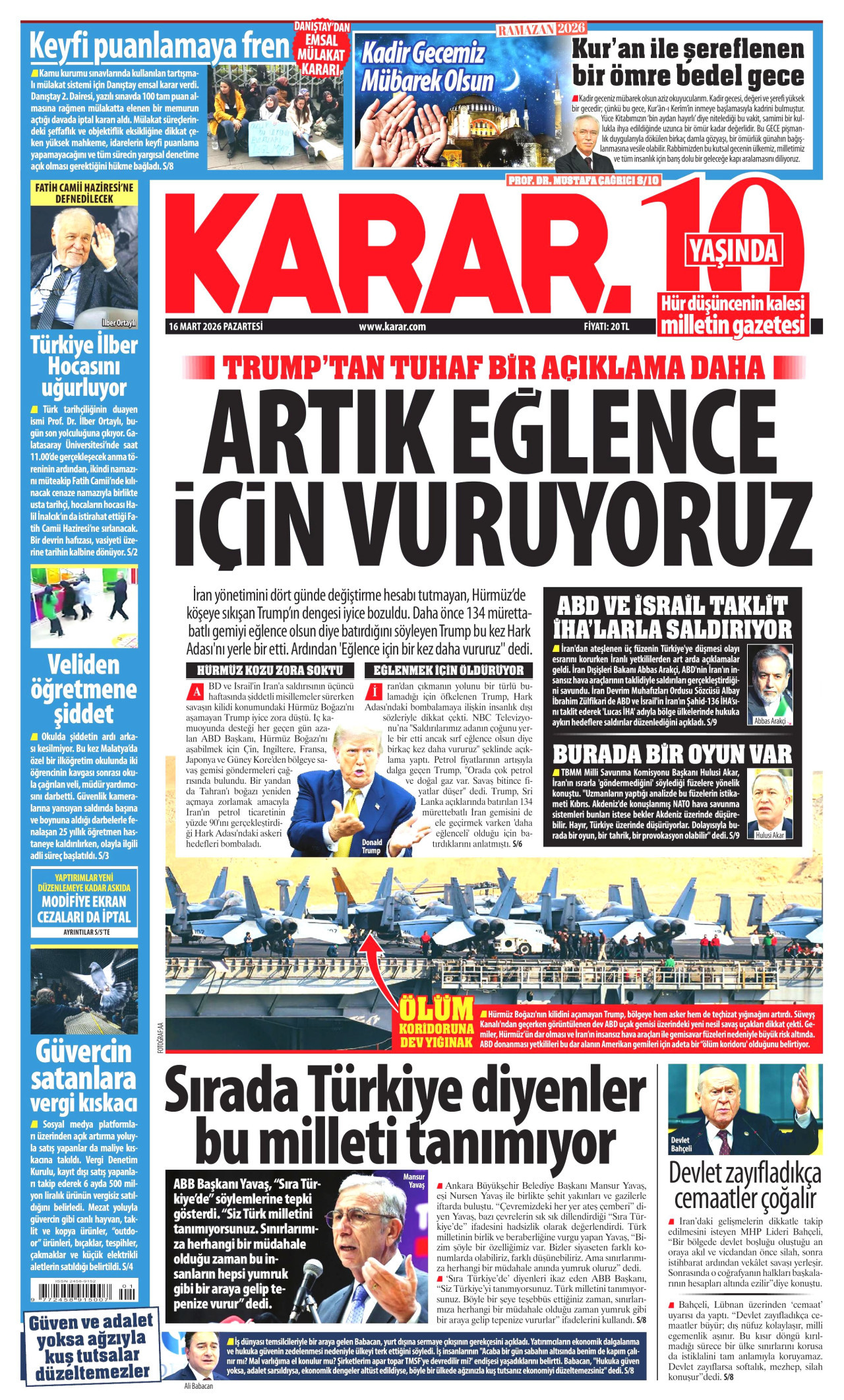 KARAR gazetesinin 16 Mart 2026 tarihli birinci sayfası