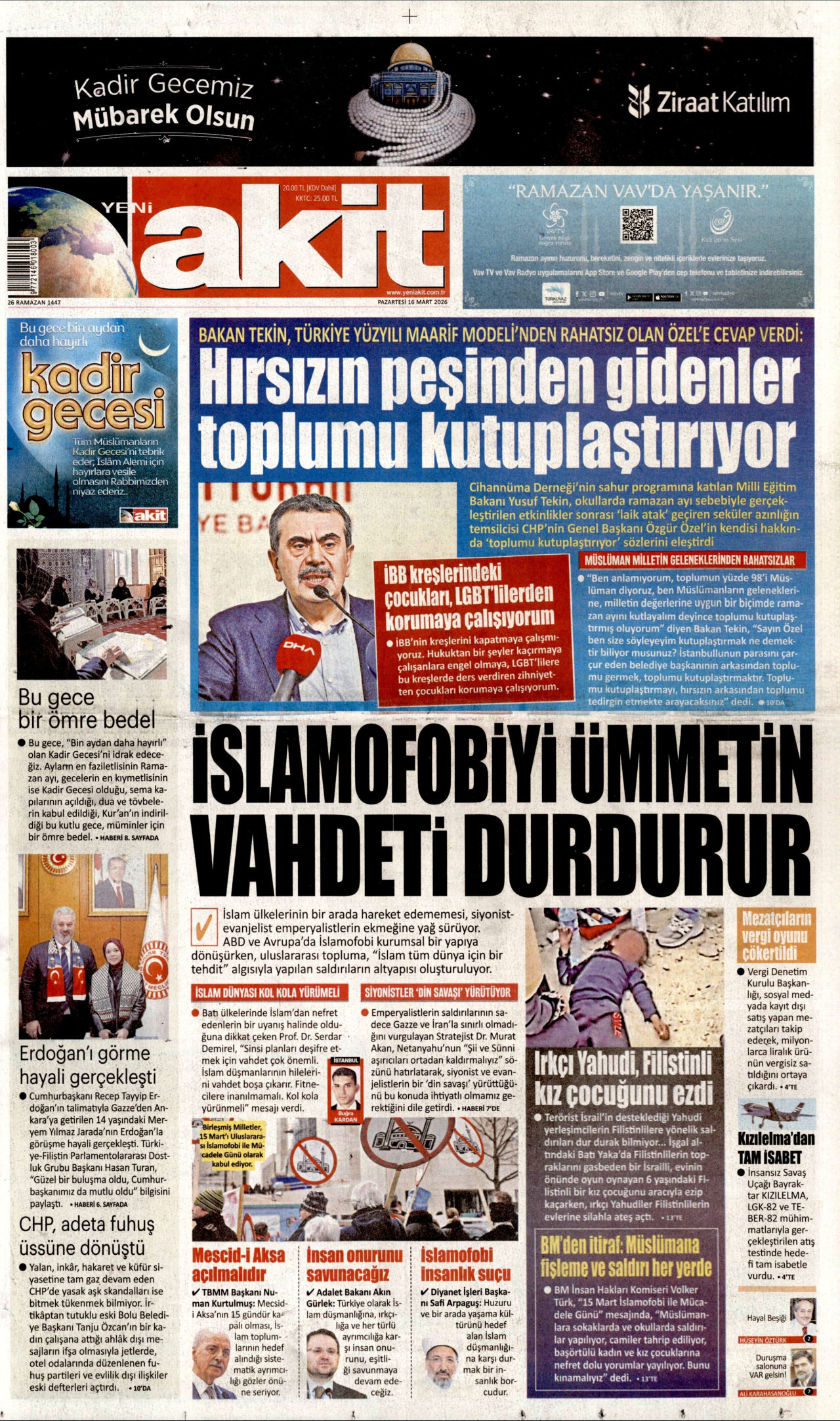 YENİ AKİT gazetesinin 16 Mart 2026 tarihli birinci sayfası