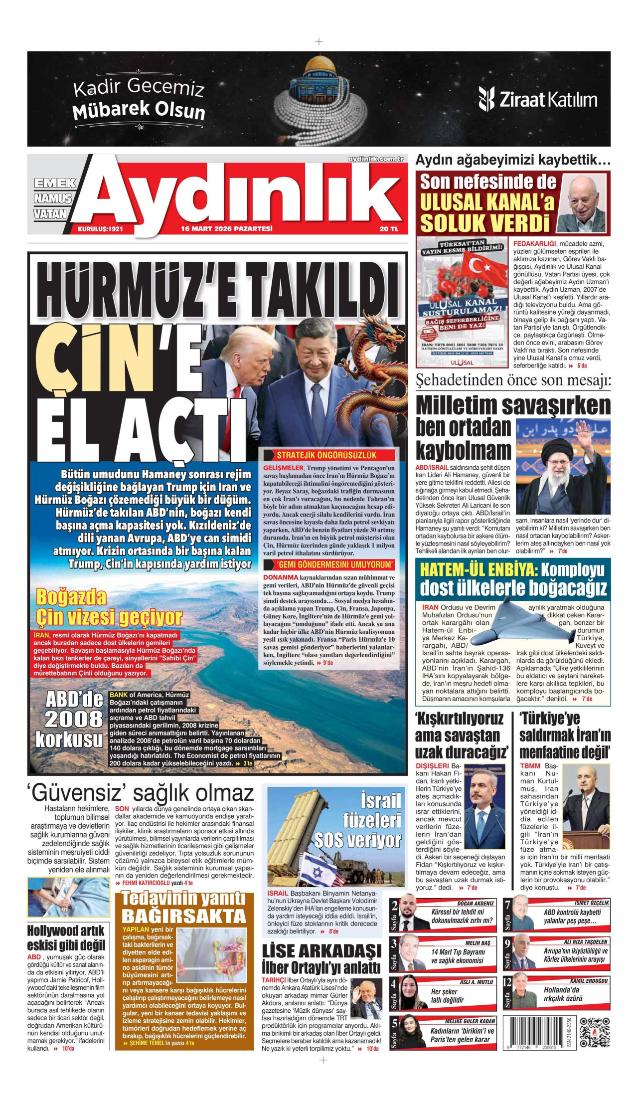 AYDINLIK GAZETESİ gazetesinin 16 Mart 2026 tarihli birinci sayfası