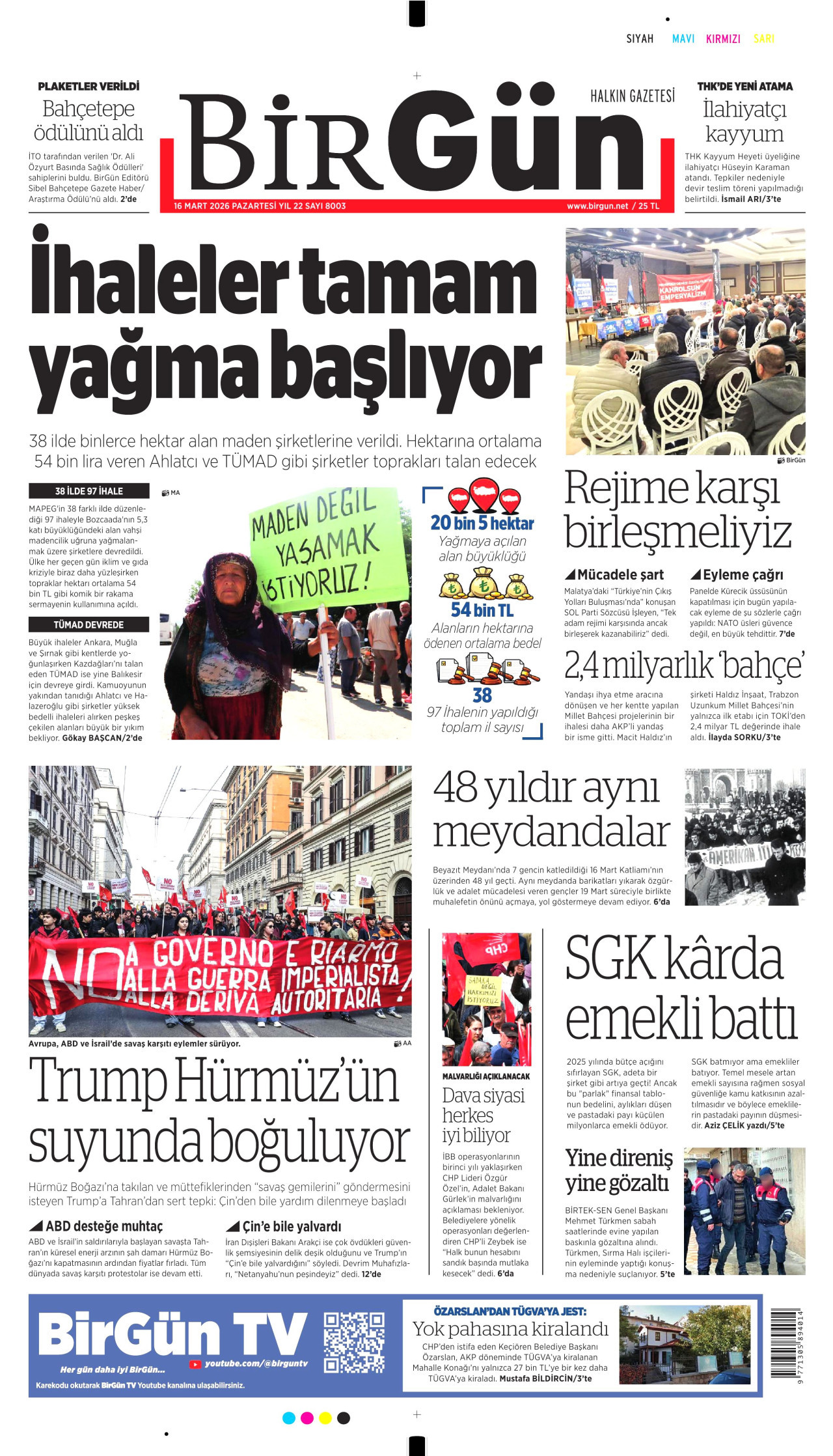 BİRGÜN gazetesinin 16 Mart 2026 tarihli birinci sayfası