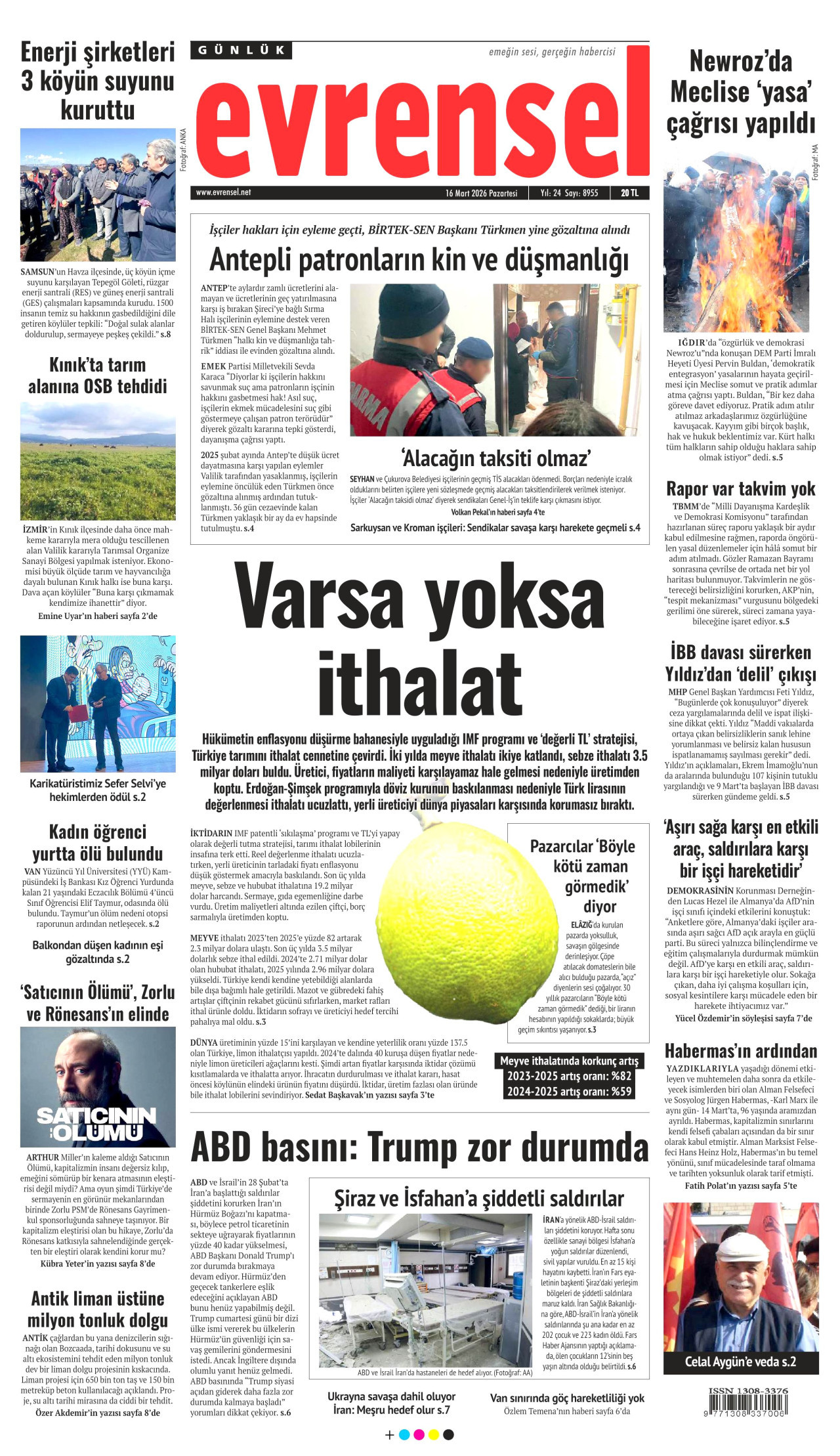 EVRENSEL gazetesinin 16 Mart 2026 tarihli birinci sayfası