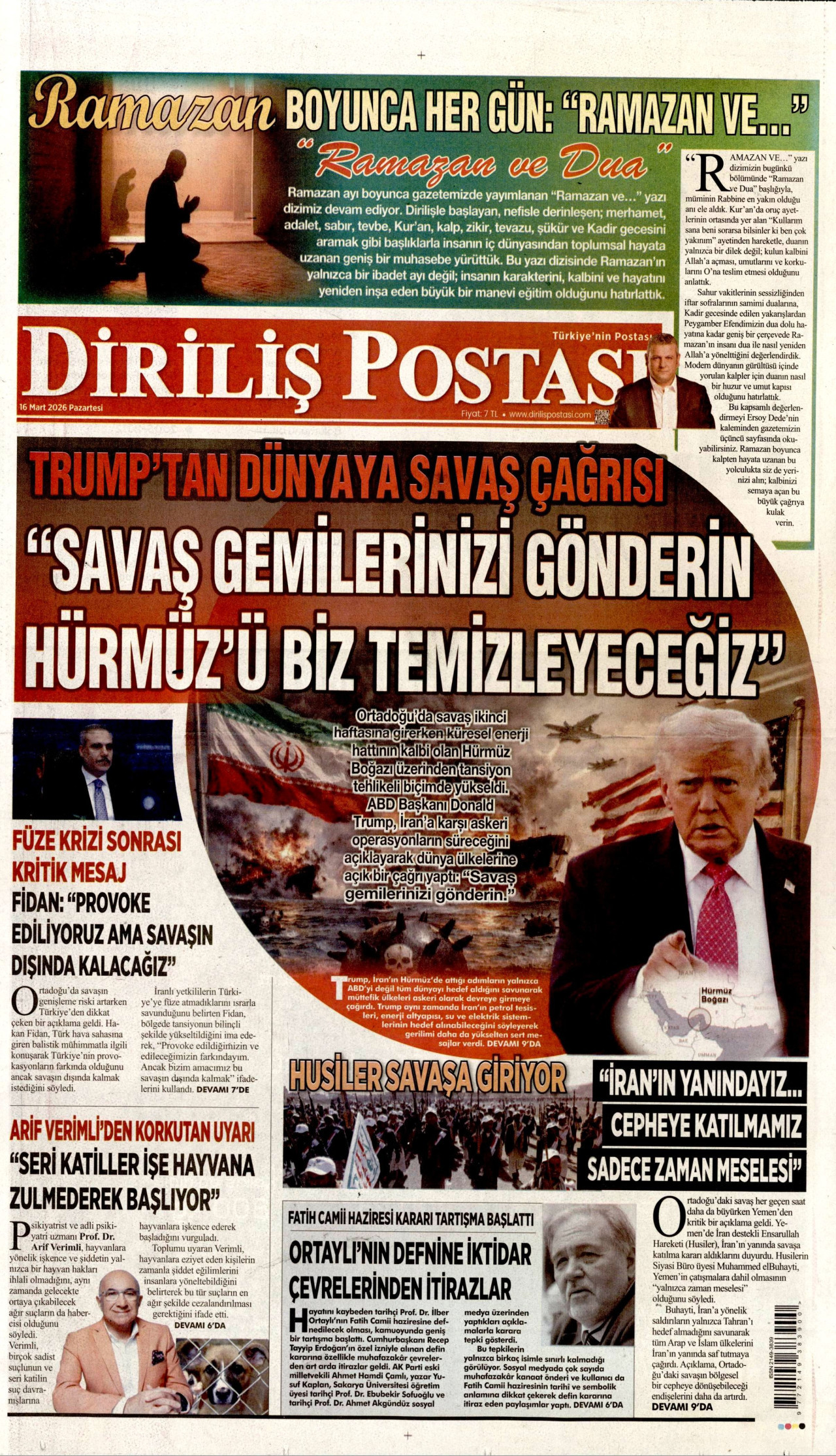 DİRİLİŞ POSTASI gazetesinin 16 Mart 2026 tarihli birinci sayfası