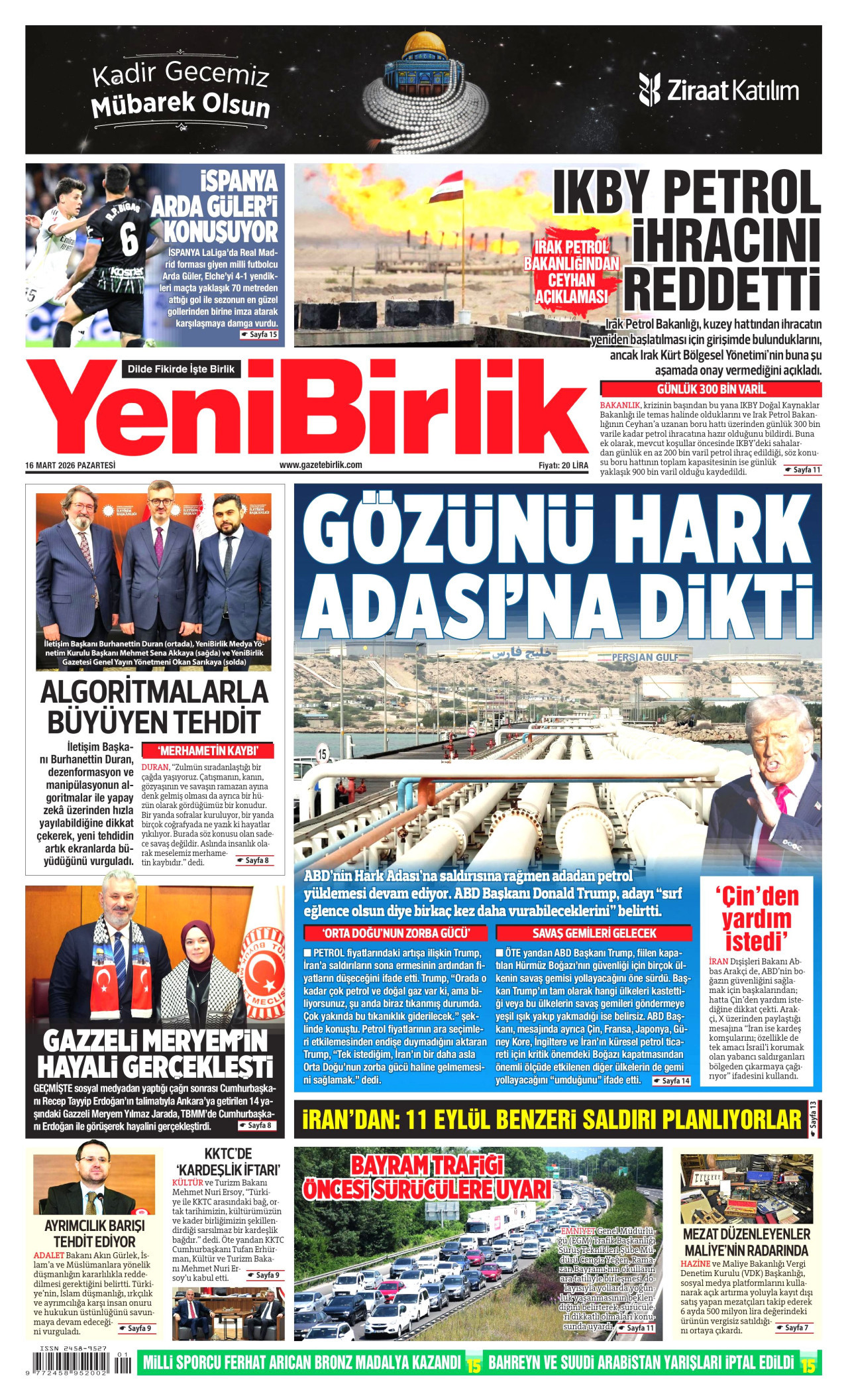 YENİBİRLİK gazetesinin 16 Mart 2026 tarihli birinci sayfası