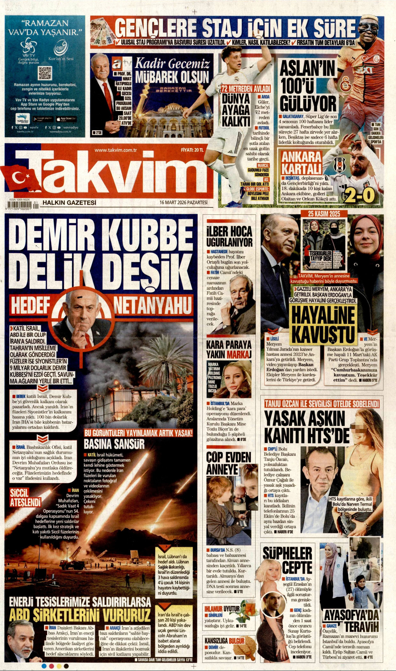 TAKVİM gazetesinin 16 Mart 2026 tarihli birinci sayfası