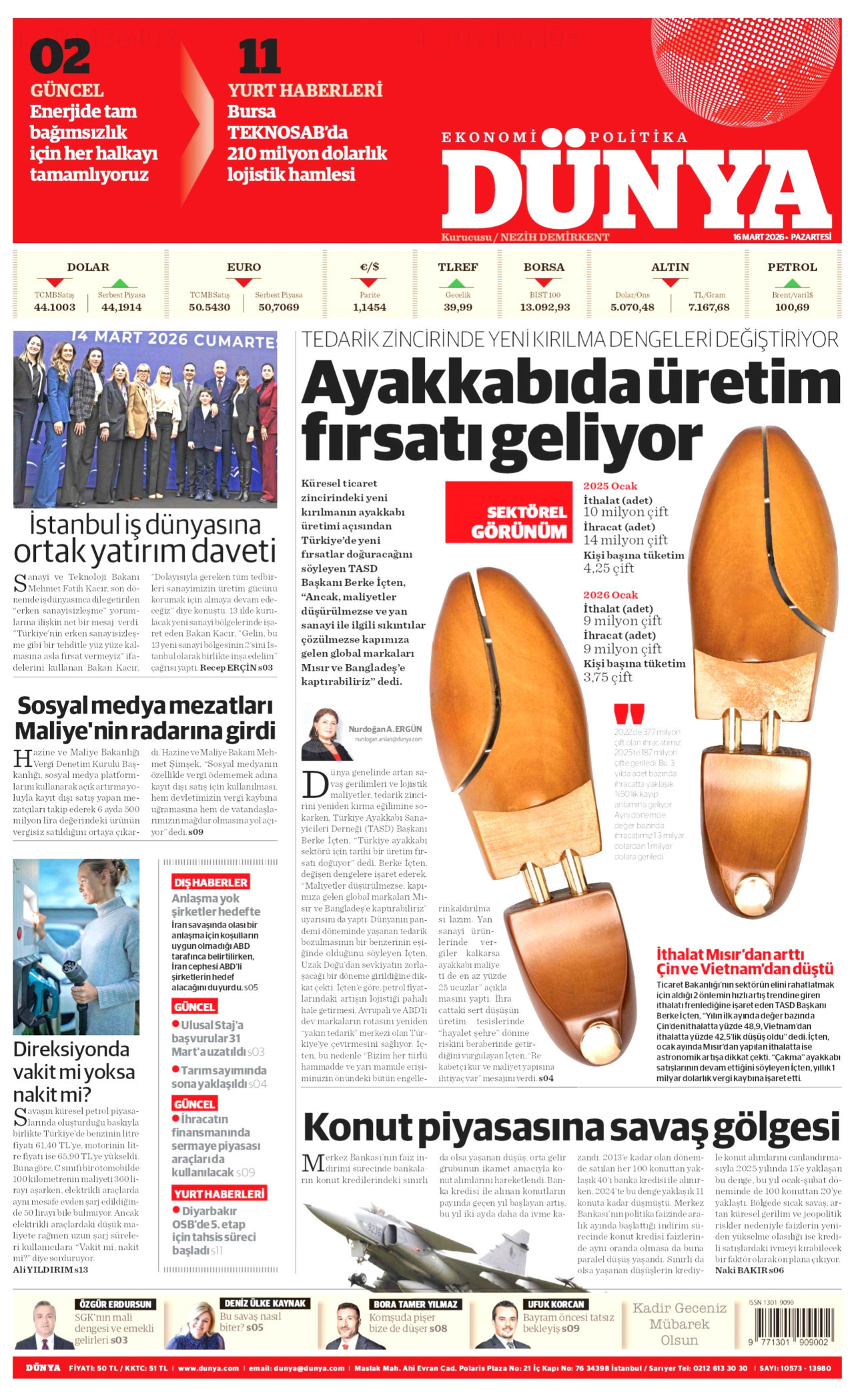 DÜNYA gazetesinin 16 Mart 2026 tarihli birinci sayfası
