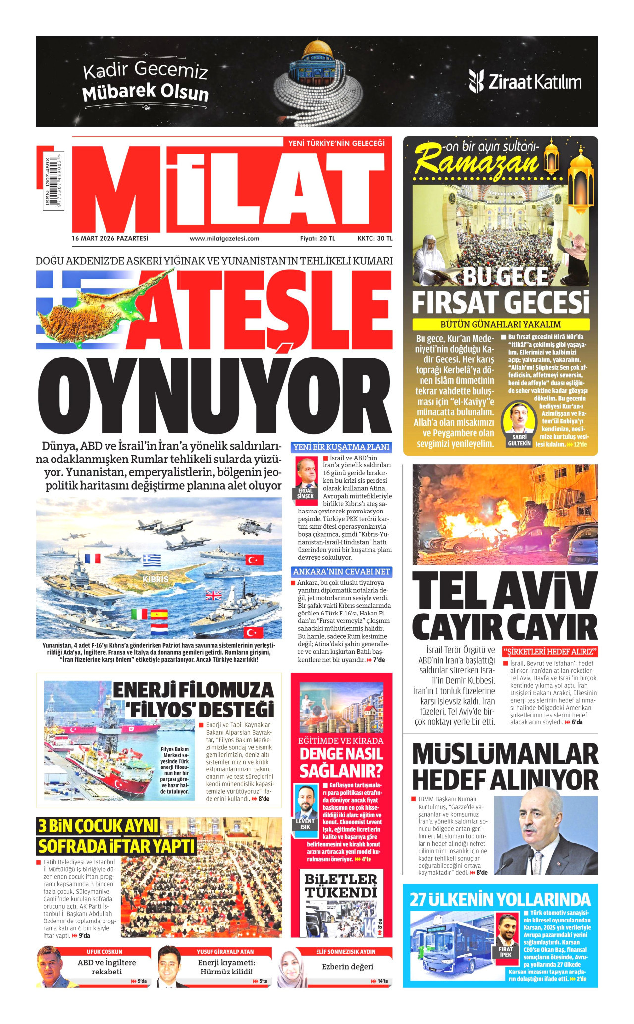 MİLAT gazetesinin 16 Mart 2026 tarihli birinci sayfası
