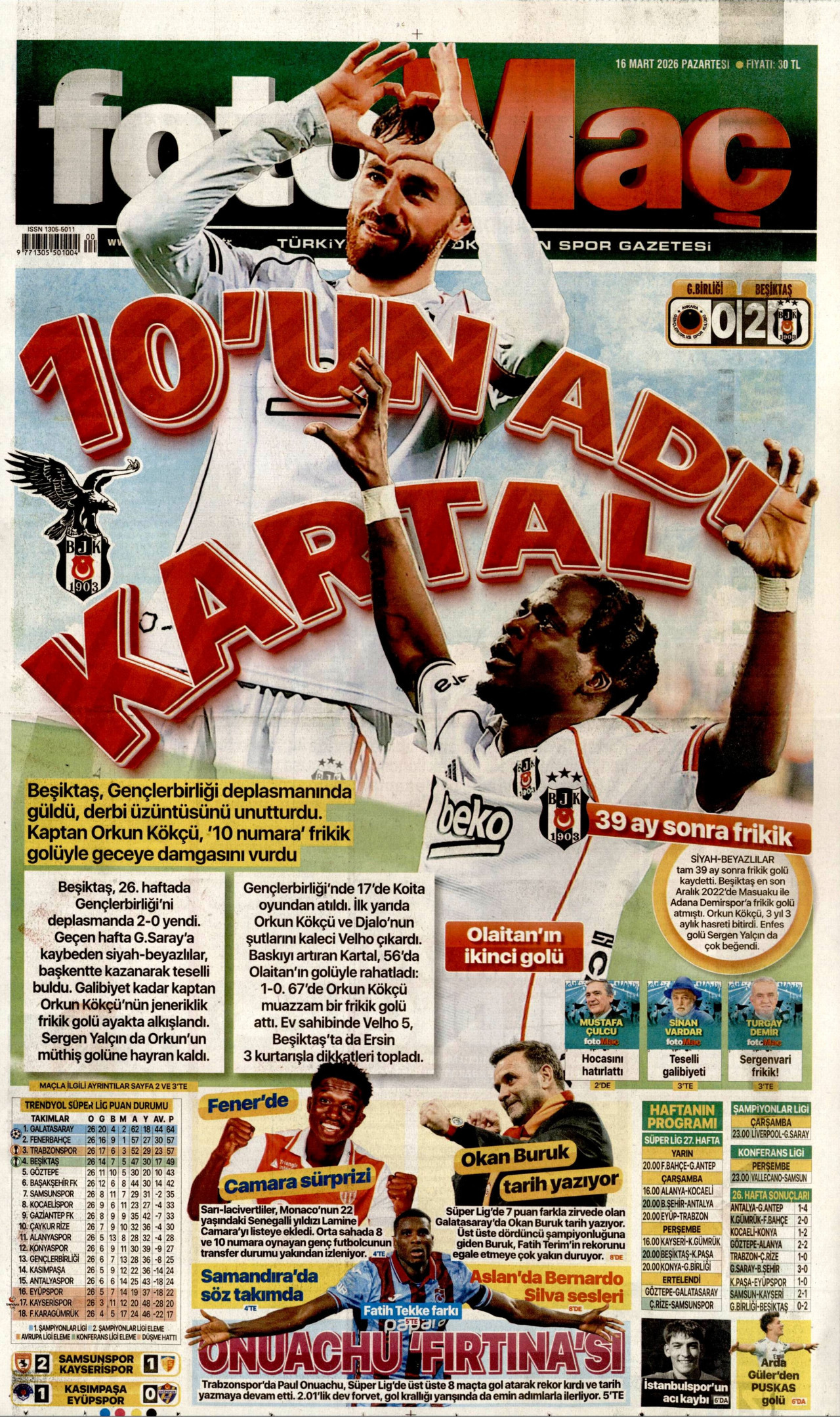 FOTOMAÇ gazetesinin 16 Mart 2026 tarihli birinci sayfası