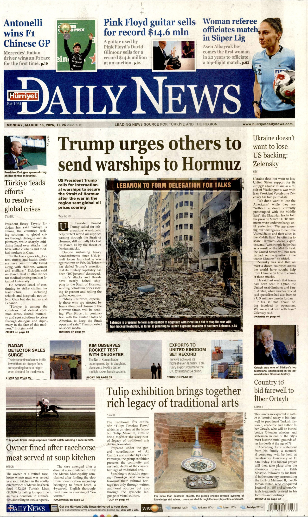 HÜRRİYET DAİLY NEWS gazetesinin 16 Mart 2026 tarihli birinci sayfası
