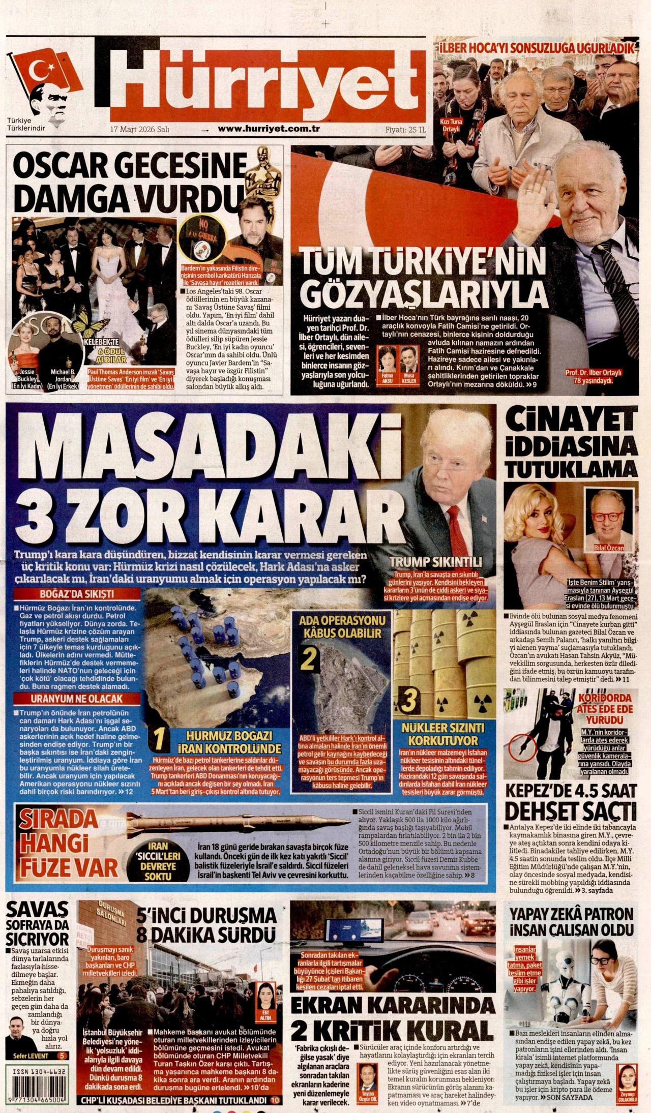 HÜRRİYET gazetesinin 17 Mart 2026 tarihli birinci sayfası
