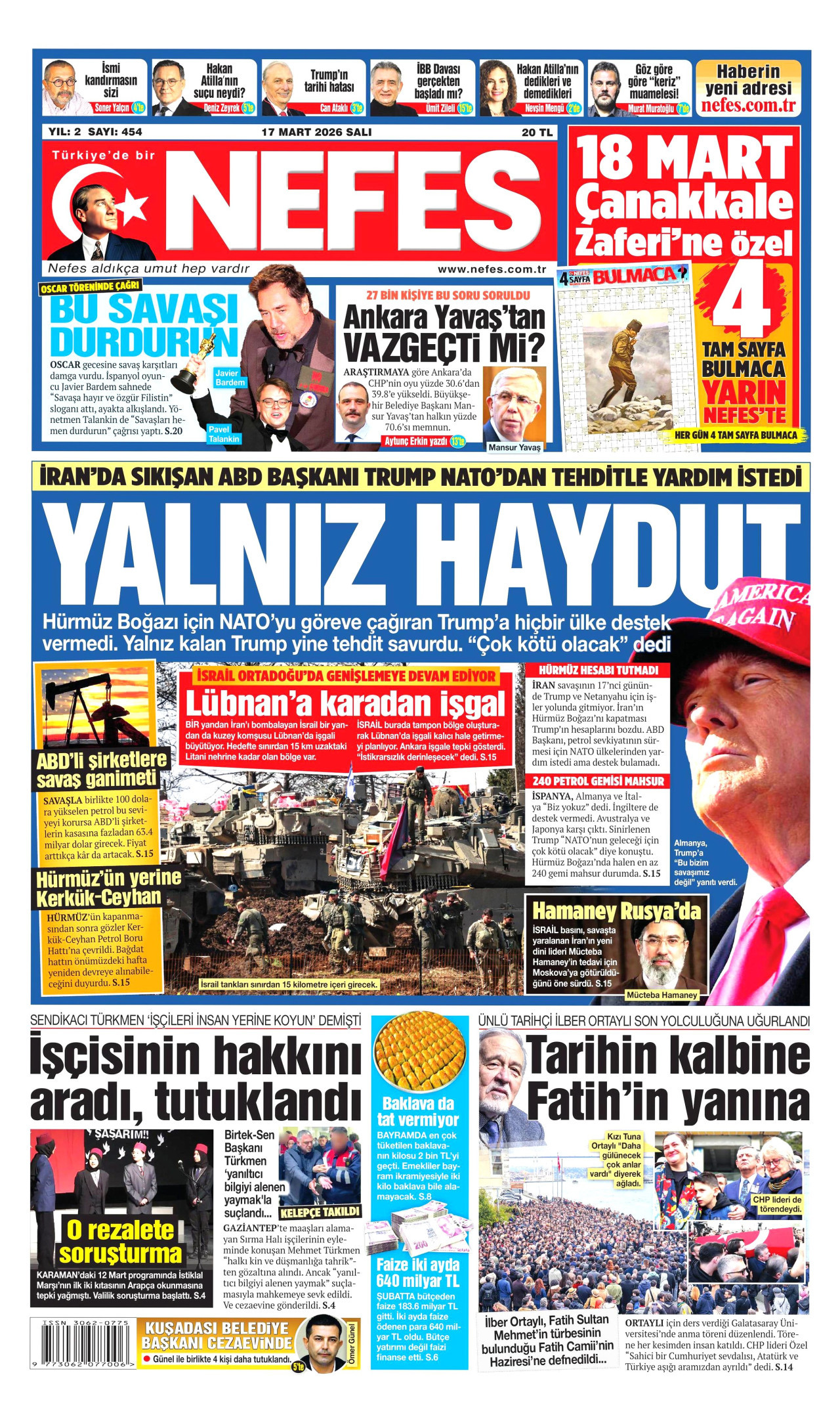 NEFES gazetesinin 17 Mart 2026 tarihli birinci sayfası
