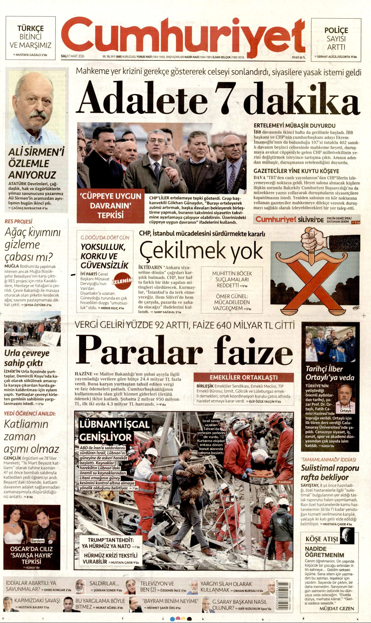 CUMHURİYET gazetesinin 17 Mart 2026 tarihli birinci sayfası