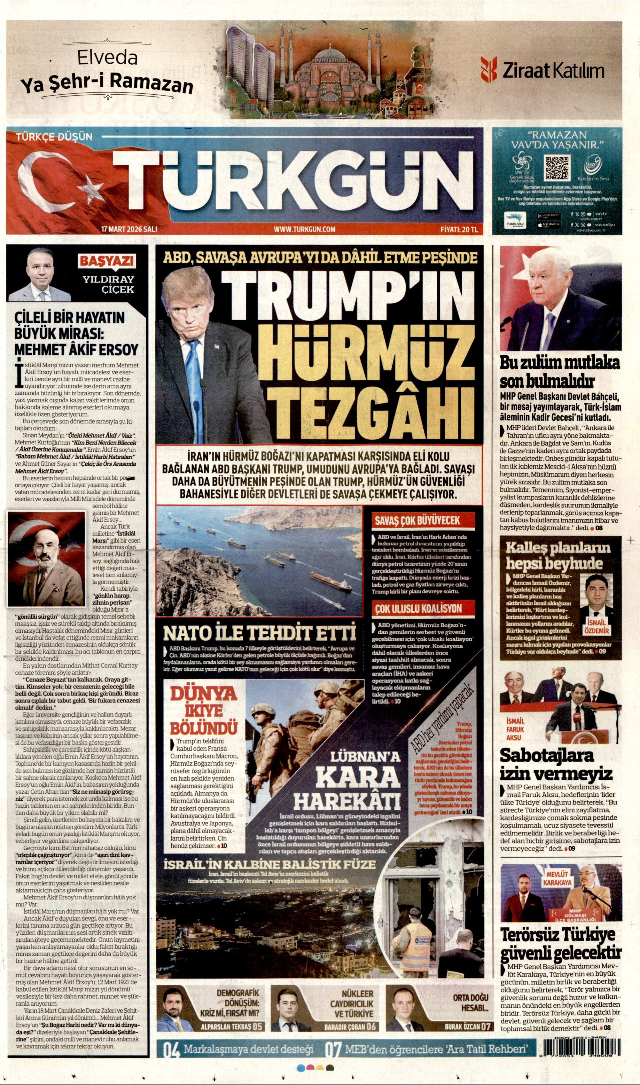 TÜRKGÜN gazetesinin 17 Mart 2026 tarihli birinci sayfası