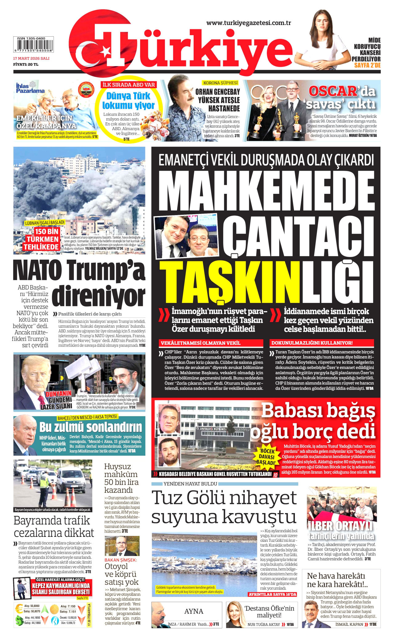 TÜRKİYE GAZETESİ gazetesinin 17 Mart 2026 tarihli birinci sayfası
