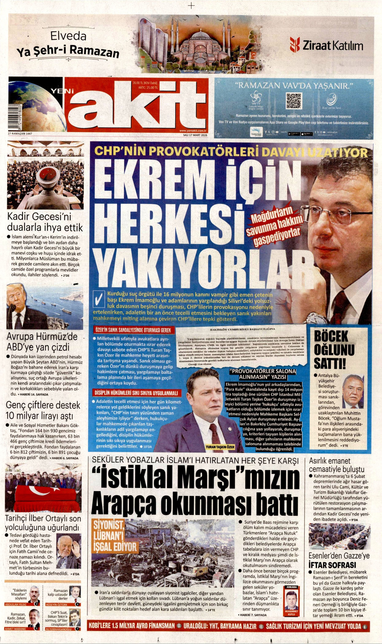 YENİ AKİT gazetesinin 17 Mart 2026 tarihli birinci sayfası