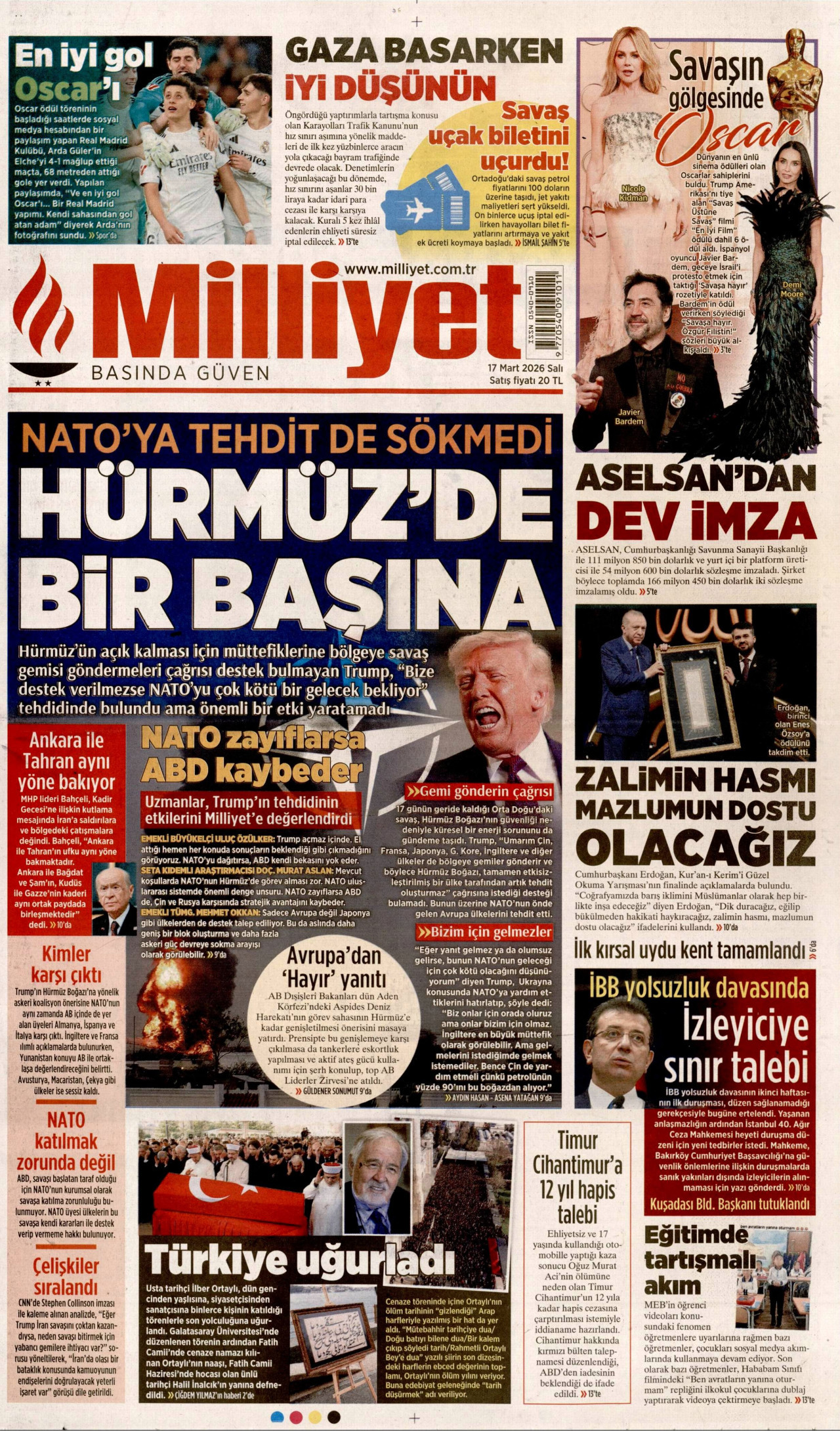 MİLLİYET gazetesinin 17 Mart 2026 tarihli birinci sayfası