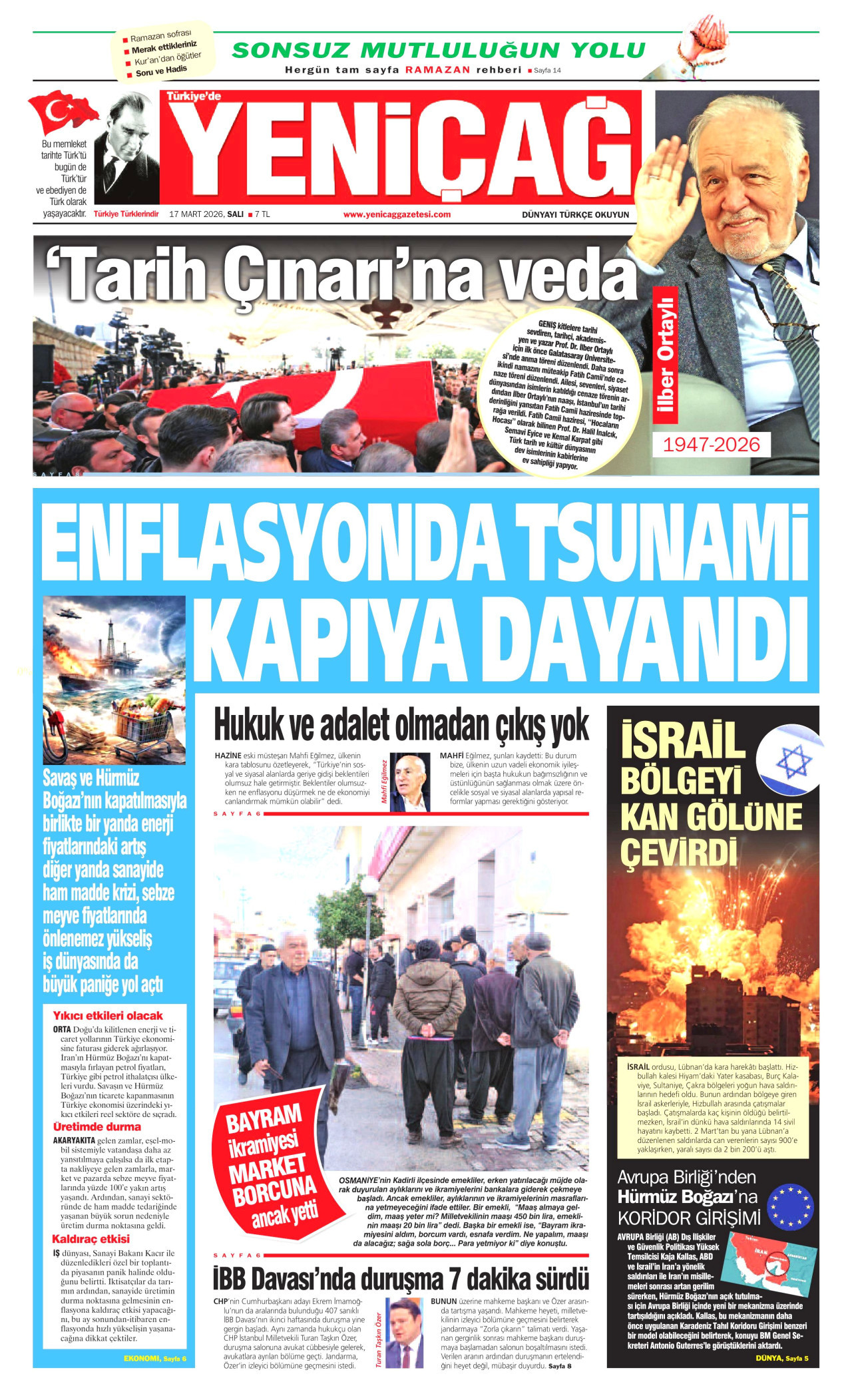 YENİÇAĞ gazetesinin 17 Mart 2026 tarihli birinci sayfası