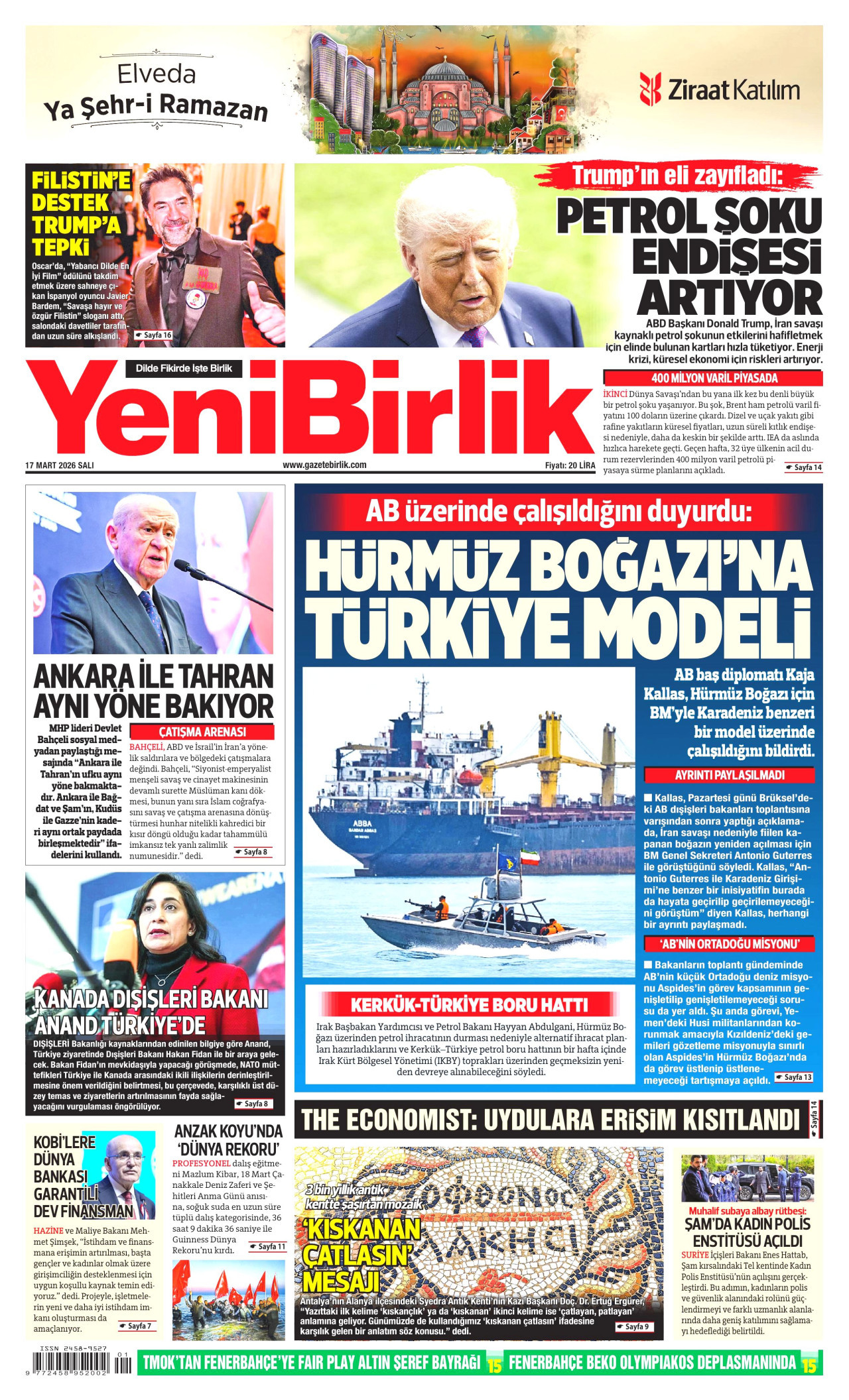 YENİBİRLİK gazetesinin 17 Mart 2026 tarihli birinci sayfası