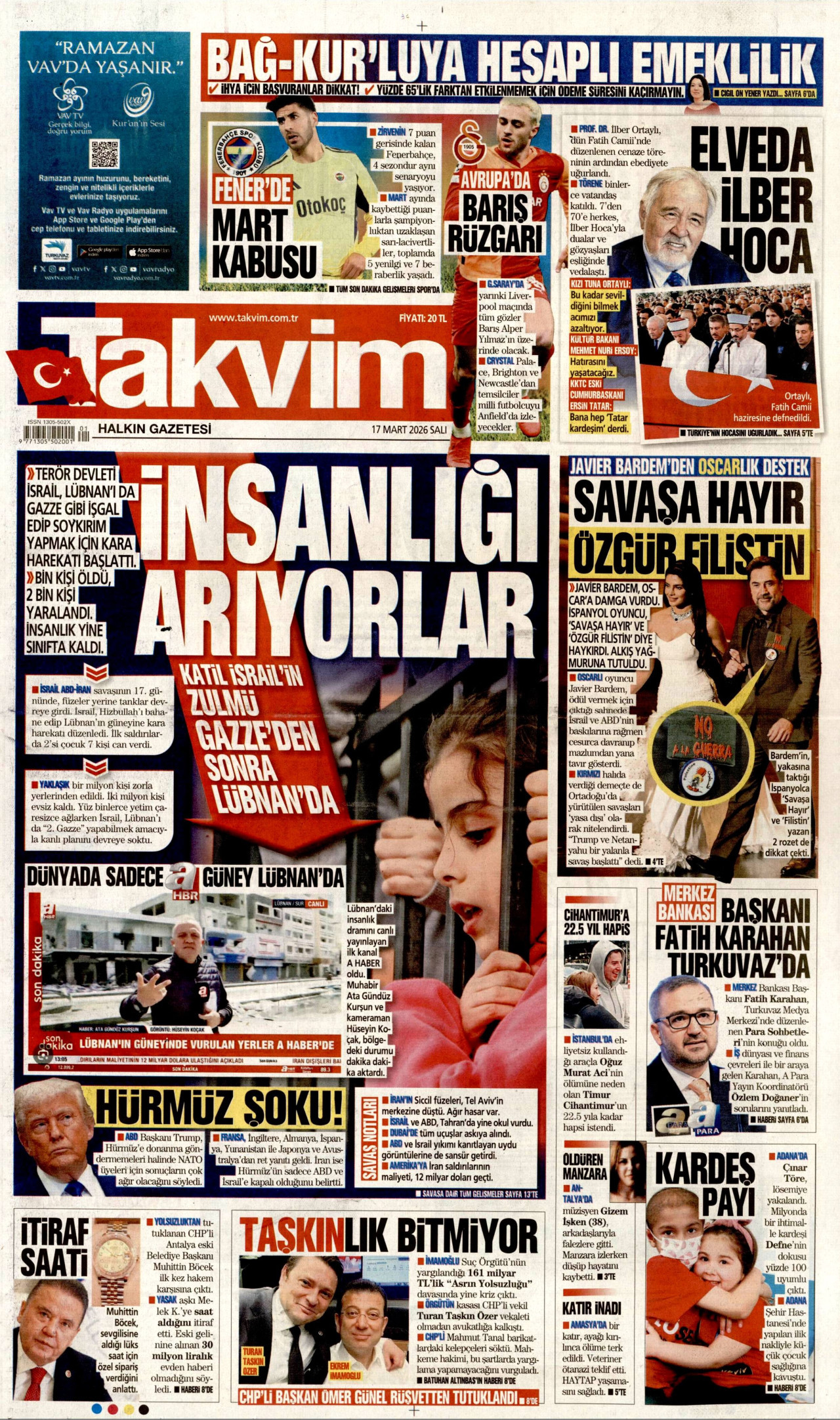 TAKVİM gazetesinin 17 Mart 2026 tarihli birinci sayfası