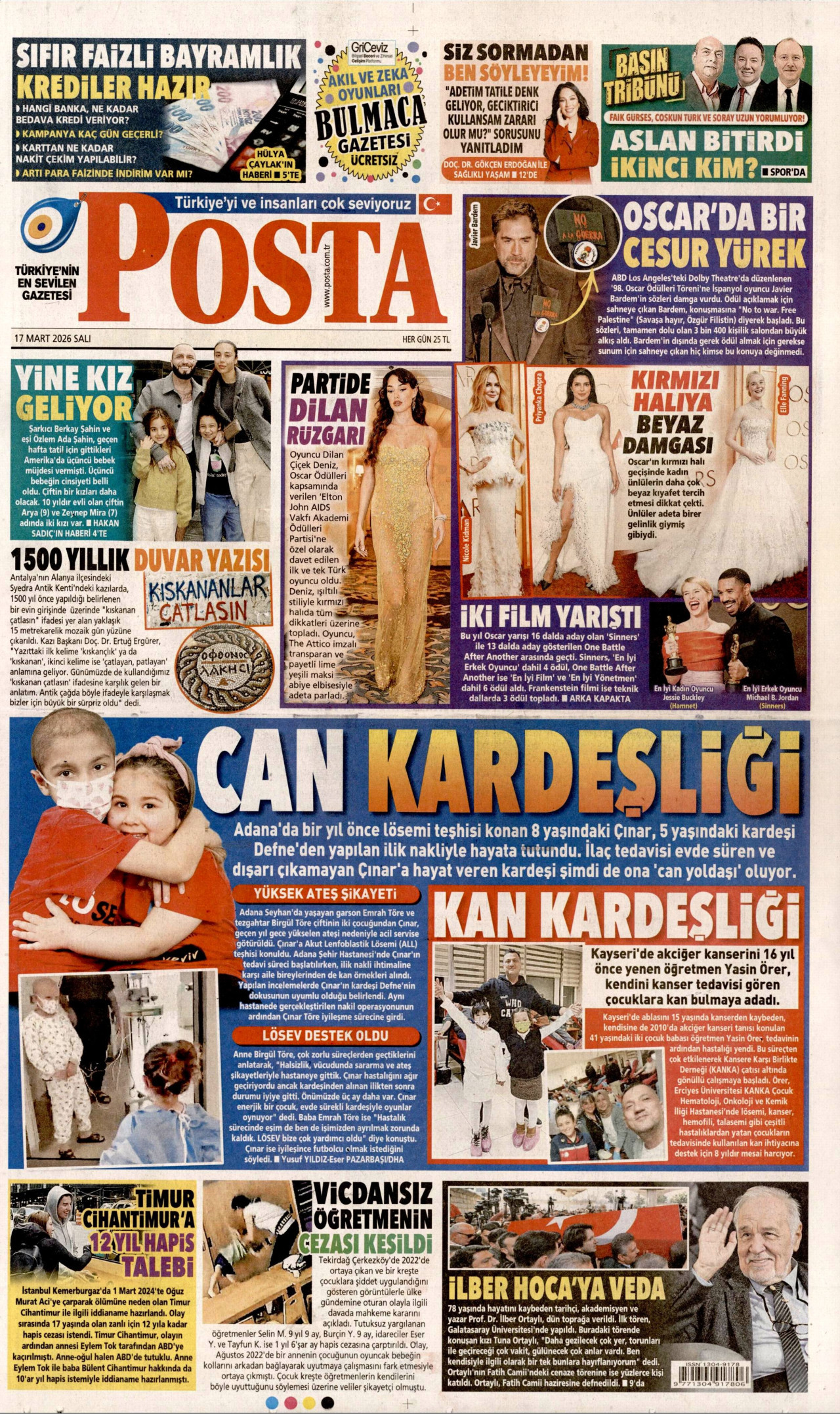 POSTA gazetesinin 17 Mart 2026 tarihli birinci sayfası