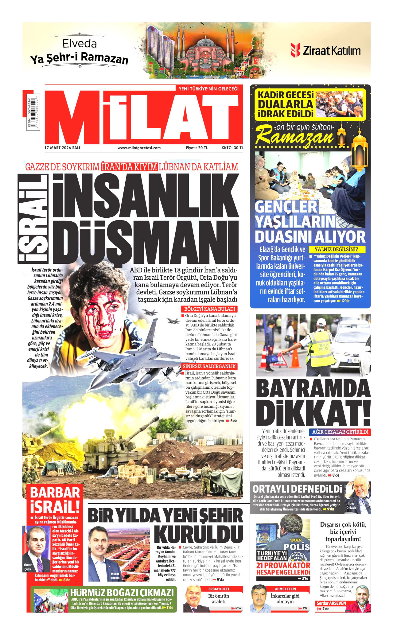 MİLAT gazetesinin 17 Mart 2026 tarihli birinci sayfası